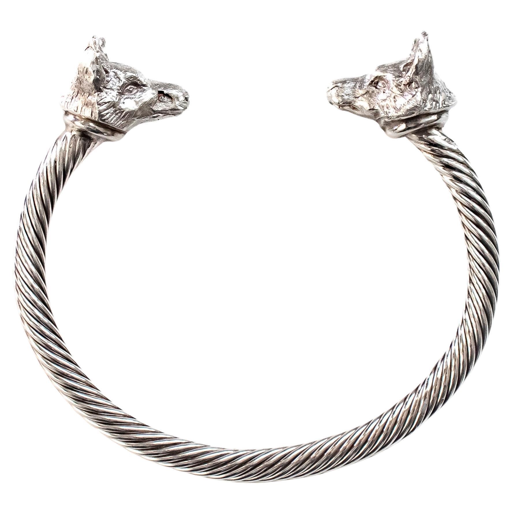Paul Eaton Sterling Fox Heads on Sterling Silver Twisted Bangle Bracelet For Sale