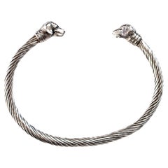 Paul Eaton Wirehair Dachshund Heads on Sterling Silver Twisted Bangle Bracelet 