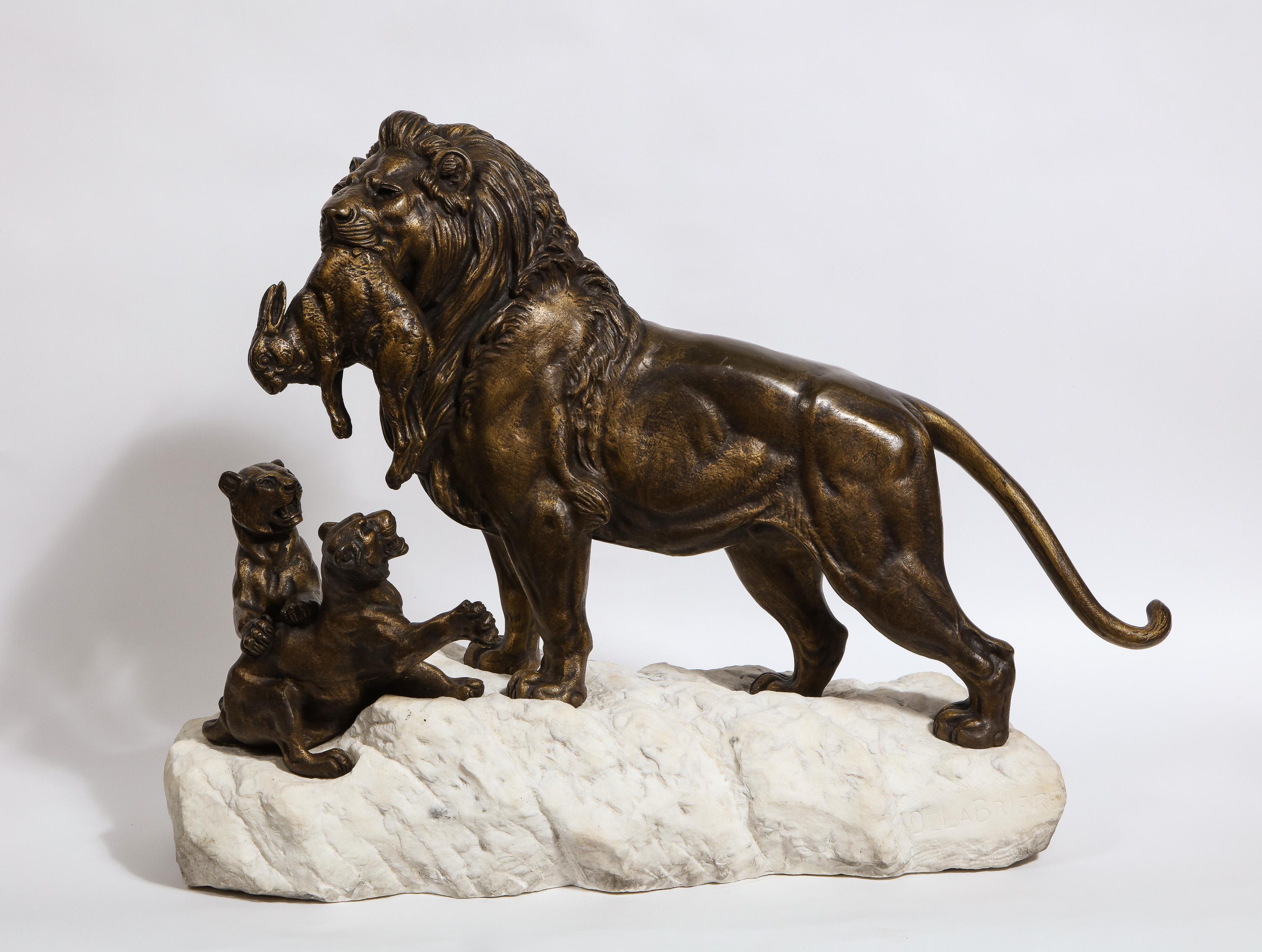 Paul-Edouard Delabriere (French, 1829-1923) large bronze sculpture of a lion with cubs with a squirrel as its prey, on a white marble rock base.

Very nice quality 19th century sculpture. Signed DELABRIERE on the lower right marble. Perfect for