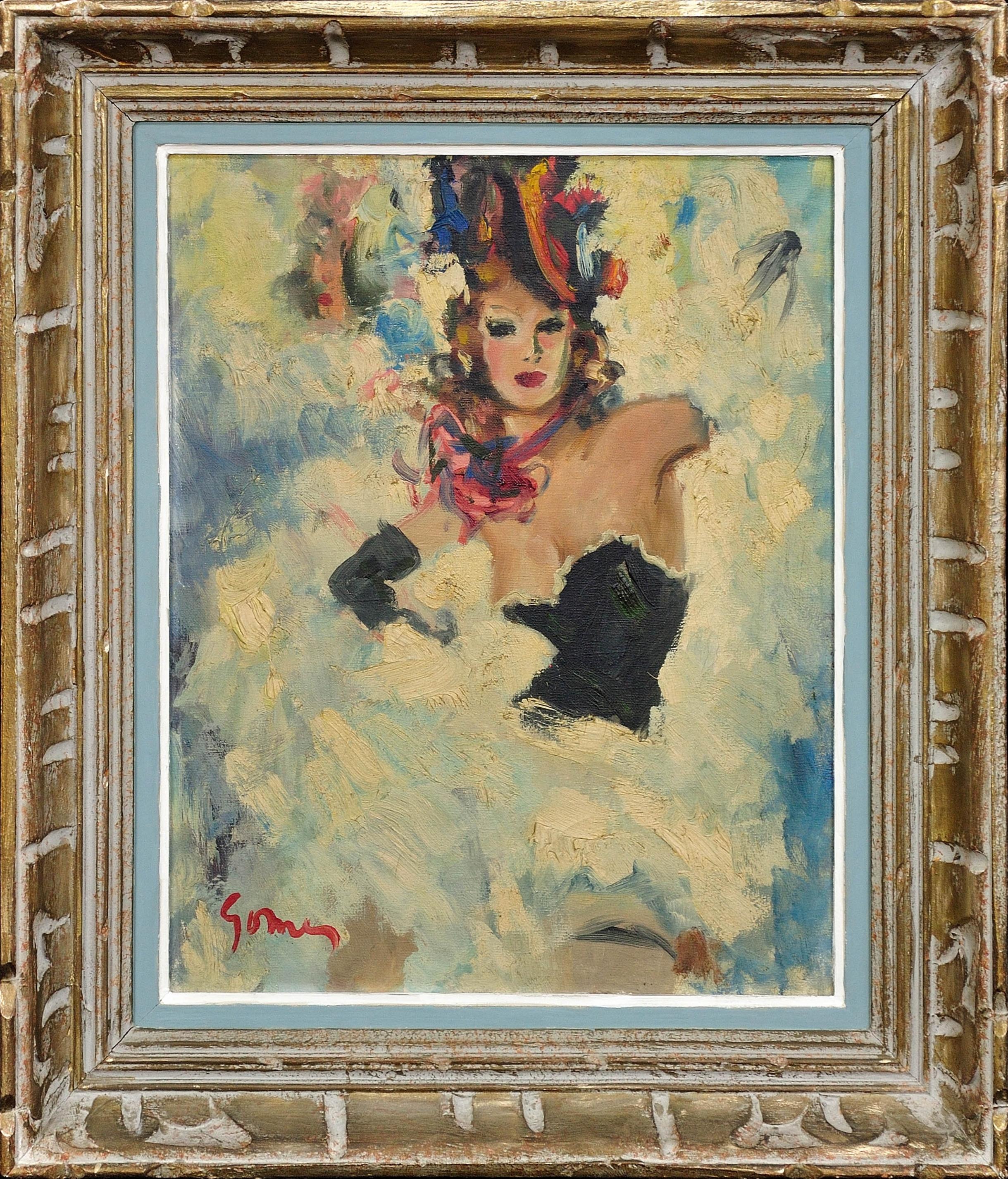 Danseuse De Cabaret Ein gerahmtes 1920er Jahre Französisch Ölgemälde Tanzen und Aufregung
