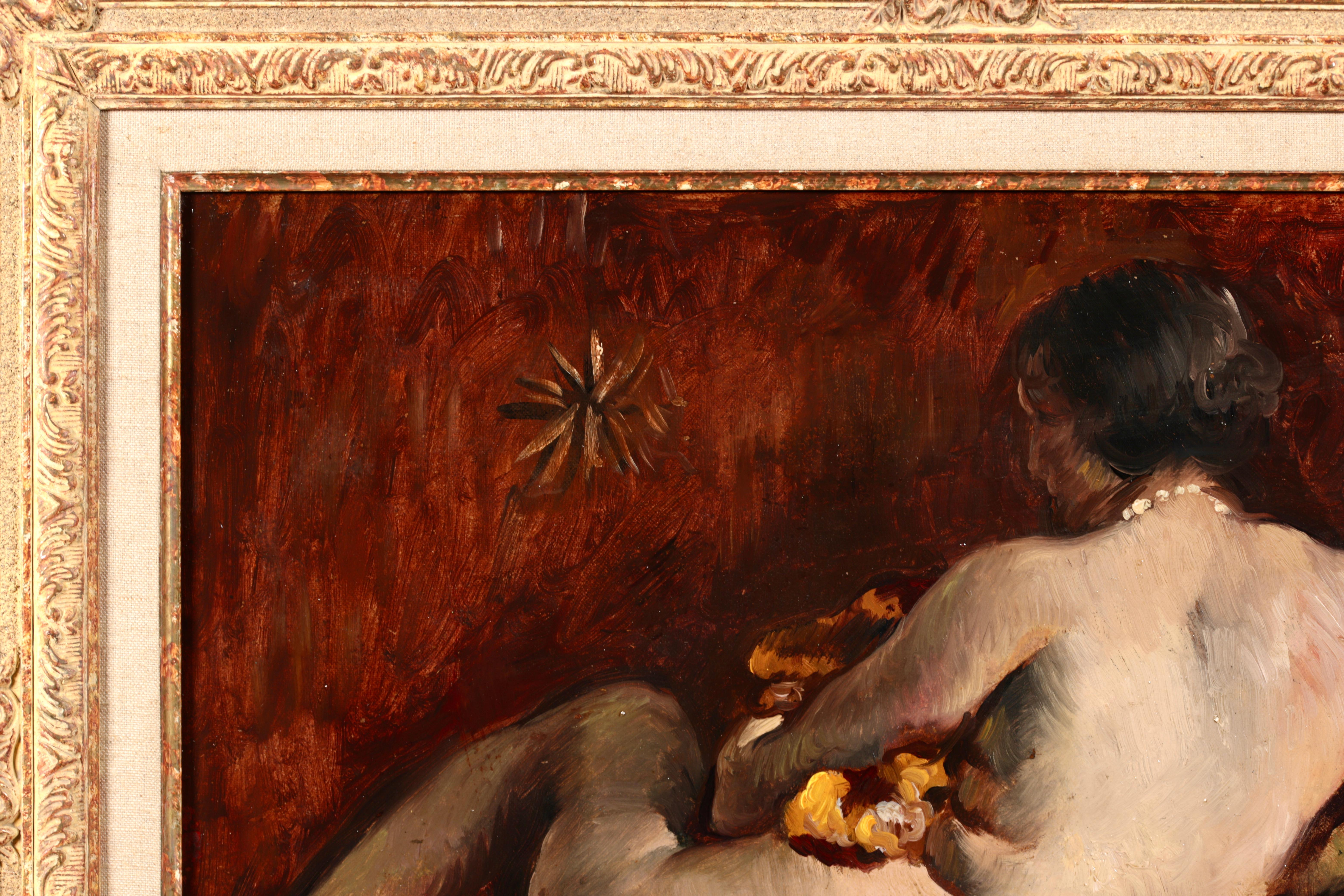 Signed and dated nude oil on panel by French post impressionist painter Paul Elie Gernez. The work depicts a brunette nude relaxing on a fur rug, her pale skin contrasting against the deep red of the wall behind her.

Signature:
Signed and dated