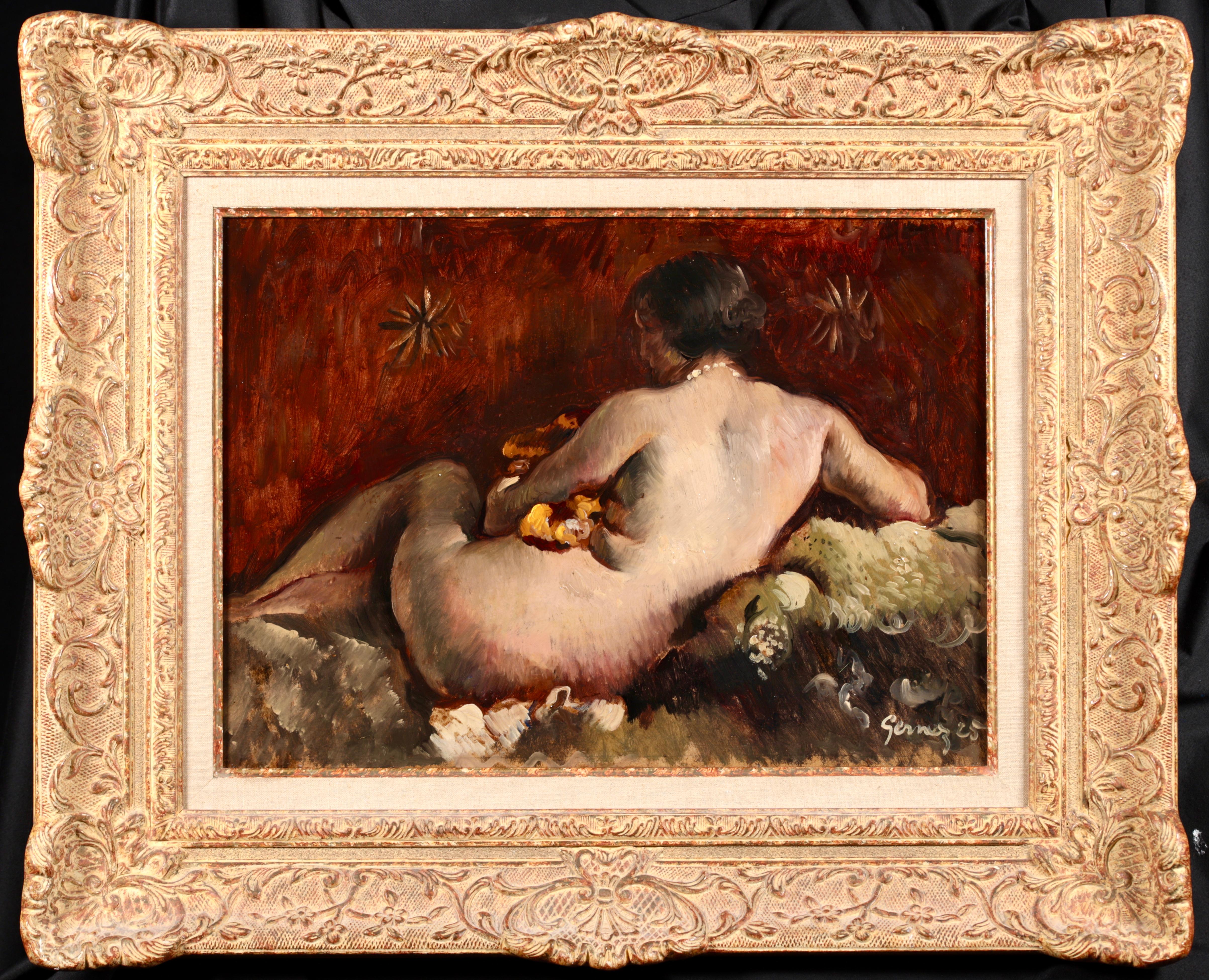 Signiert und datiert Akt Öl auf Platte von Französisch Post impressionistischen Maler Paul Elie Gernez. Das Werk zeigt einen brünetten Akt, der sich auf einem Fellteppich ausruht, wobei sich ihre blasse Haut von dem tiefen Rot der Wand hinter ihr
