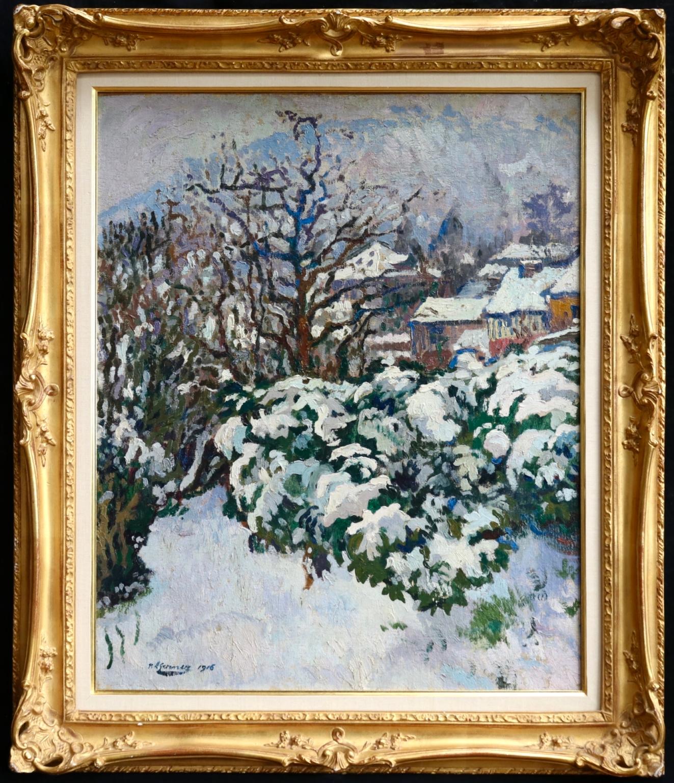 Post impressionist signed and dated landscape oil on panel by French painter Paul Elie Gernez. The work depicts a snowy winter landscape with white snow blanketing the trees and bushes in the foreground and the rooftops of houses in the distance.