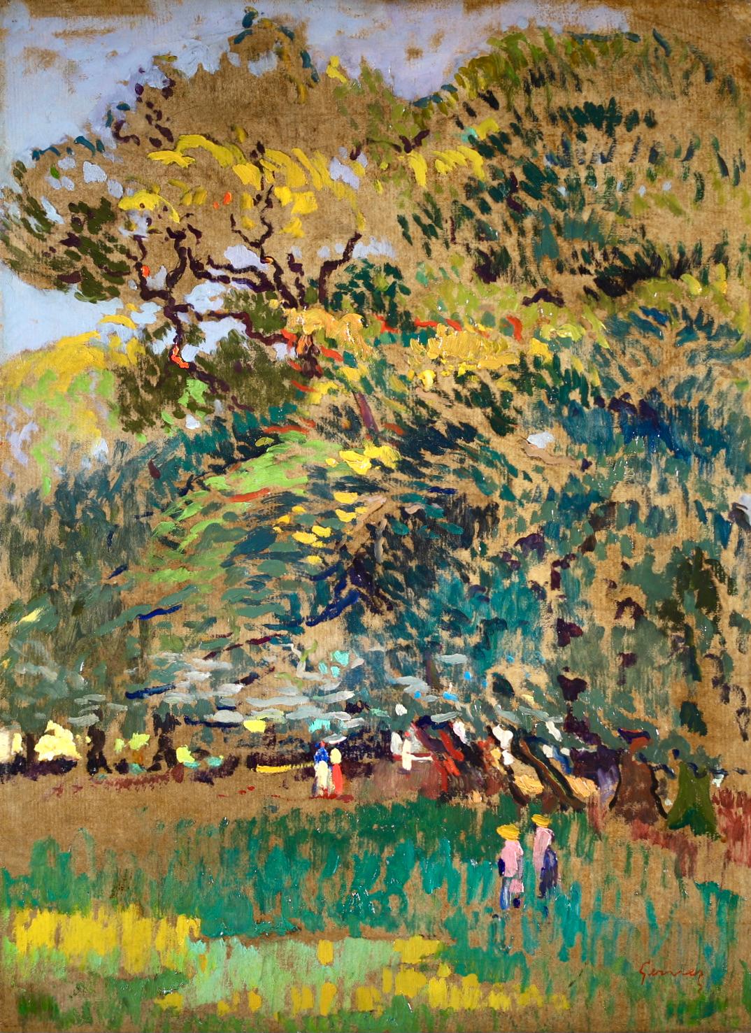 Figuren im Wald – postimpressionistische Landschaft, Öl von Paul Gernez – Painting von Paul-Élie Gernez
