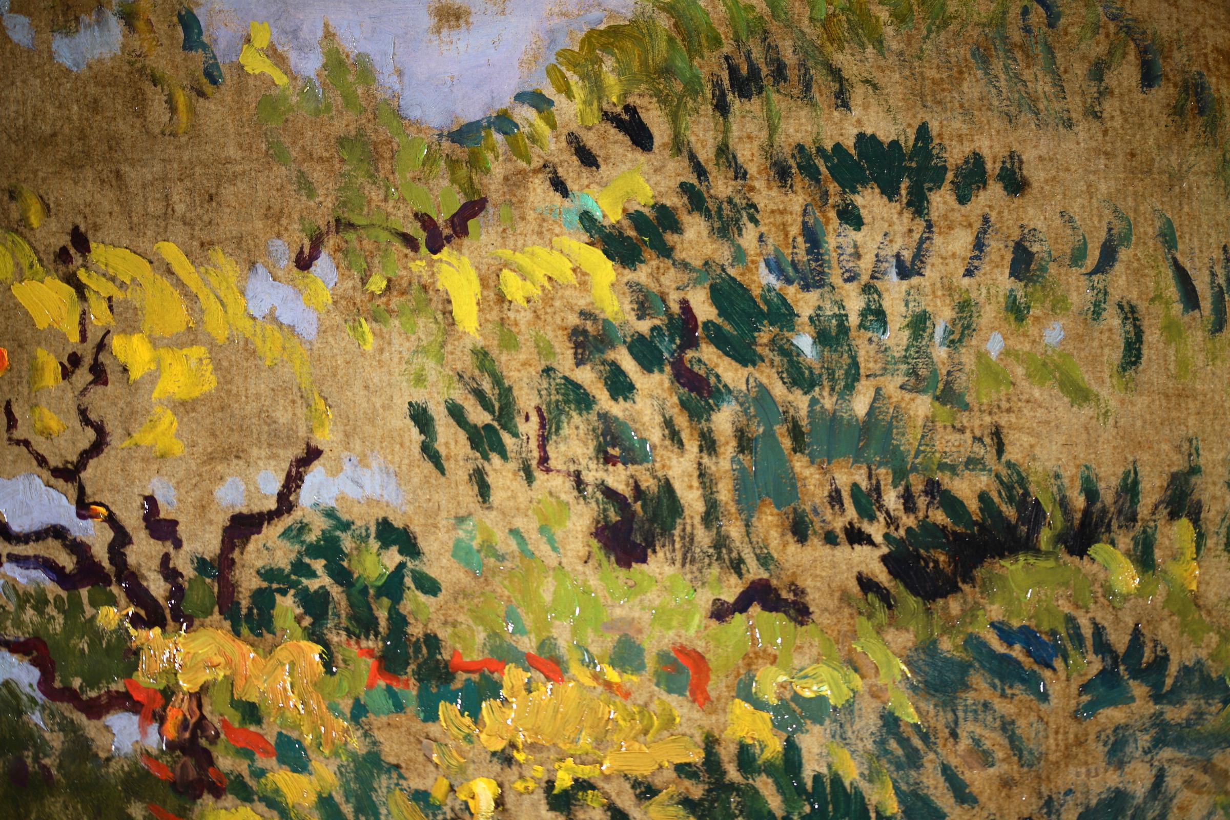 Figures dans la forêt - Paysage post-impressionniste - Huile de Paul Gernez - Marron Figurative Painting par Paul-Élie Gernez