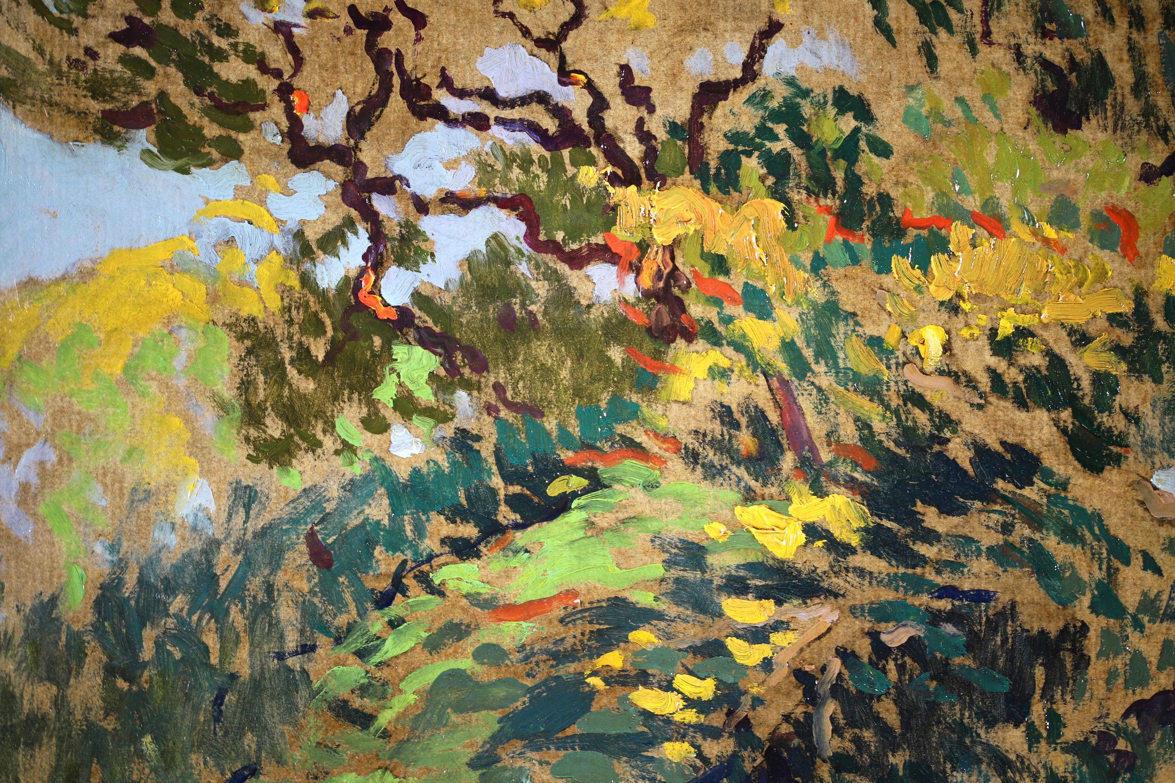 Figures in the Forest - Post Impressionist Landscape Oil by Paul Gernez - Post-Impressionist Painting by Paul-Élie Gernez
