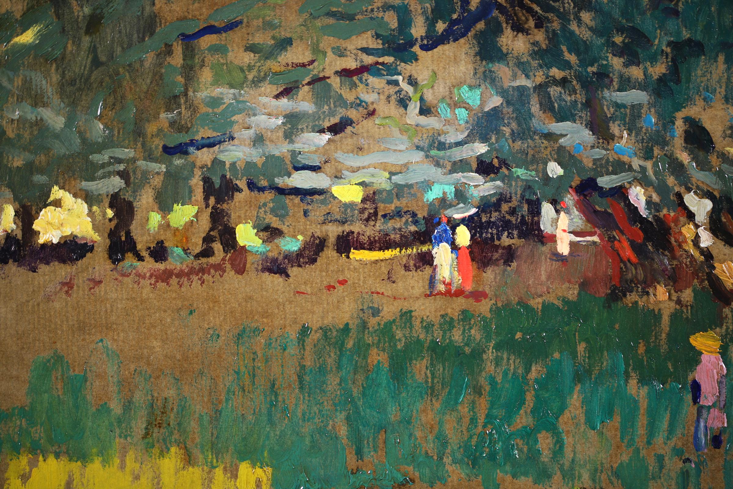 Figures dans la forêt - Paysage post-impressionniste - Huile de Paul Gernez en vente 2