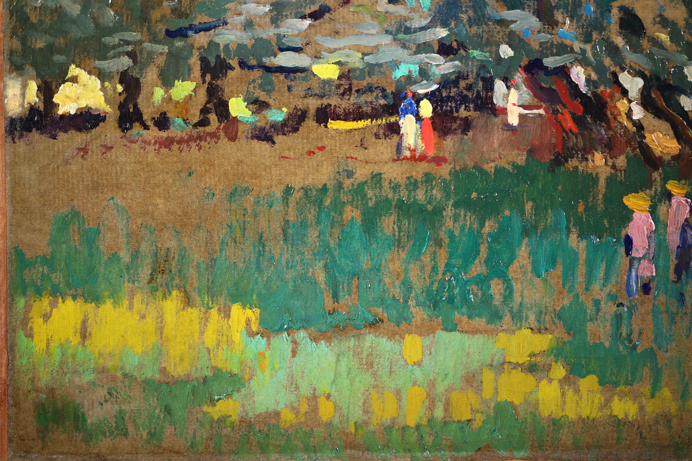 Signed post impressionist landscape oil on board circa 1914 by French painter Paul Elie Gernez. The work depicts figures walking in the shade of trees in a forest. Painted in predominantly greens, blues and yellows, this early example of the