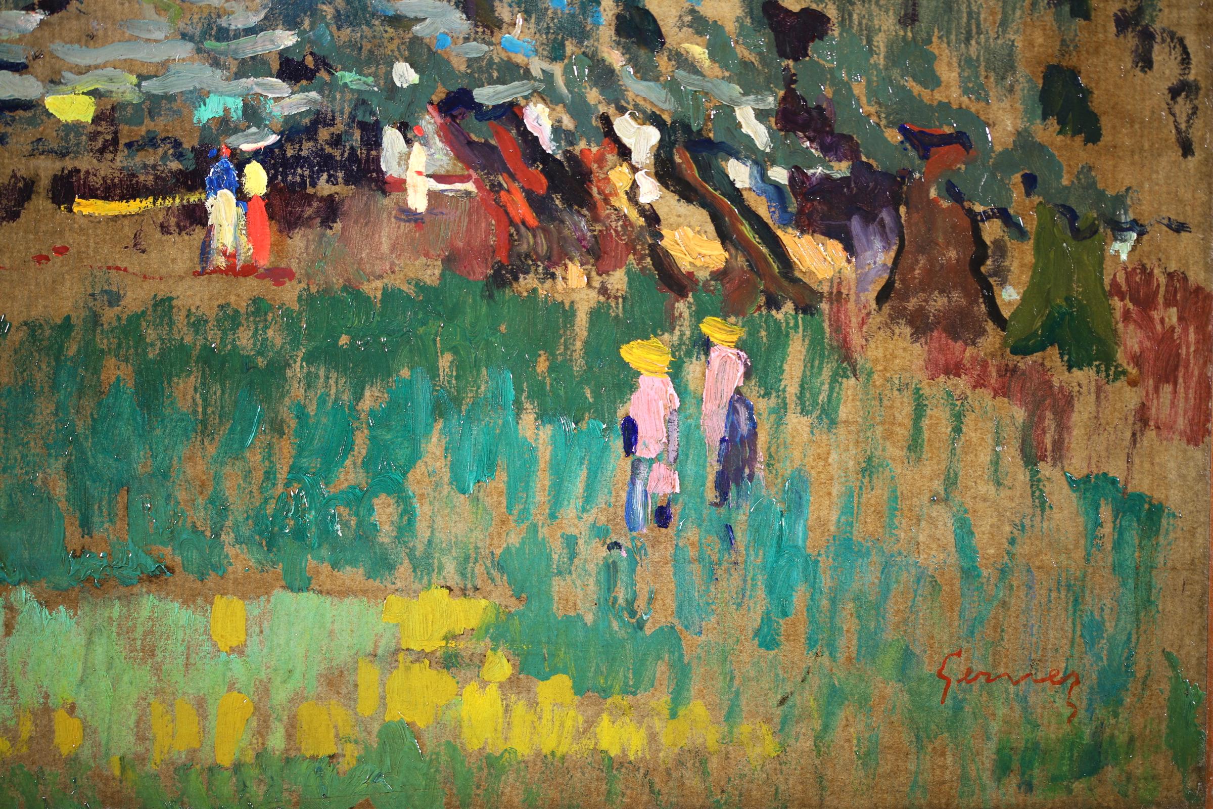Figures dans la forêt - Paysage post-impressionniste - Huile de Paul Gernez en vente 4