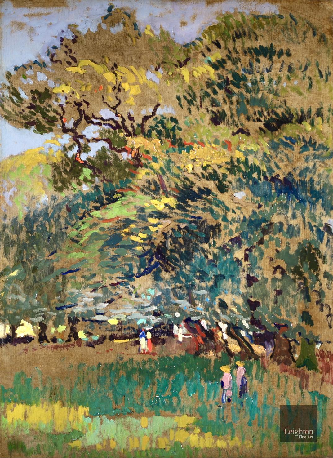 Figures in the Forest - Post Impressionist Landscape Oil by Paul Gernez