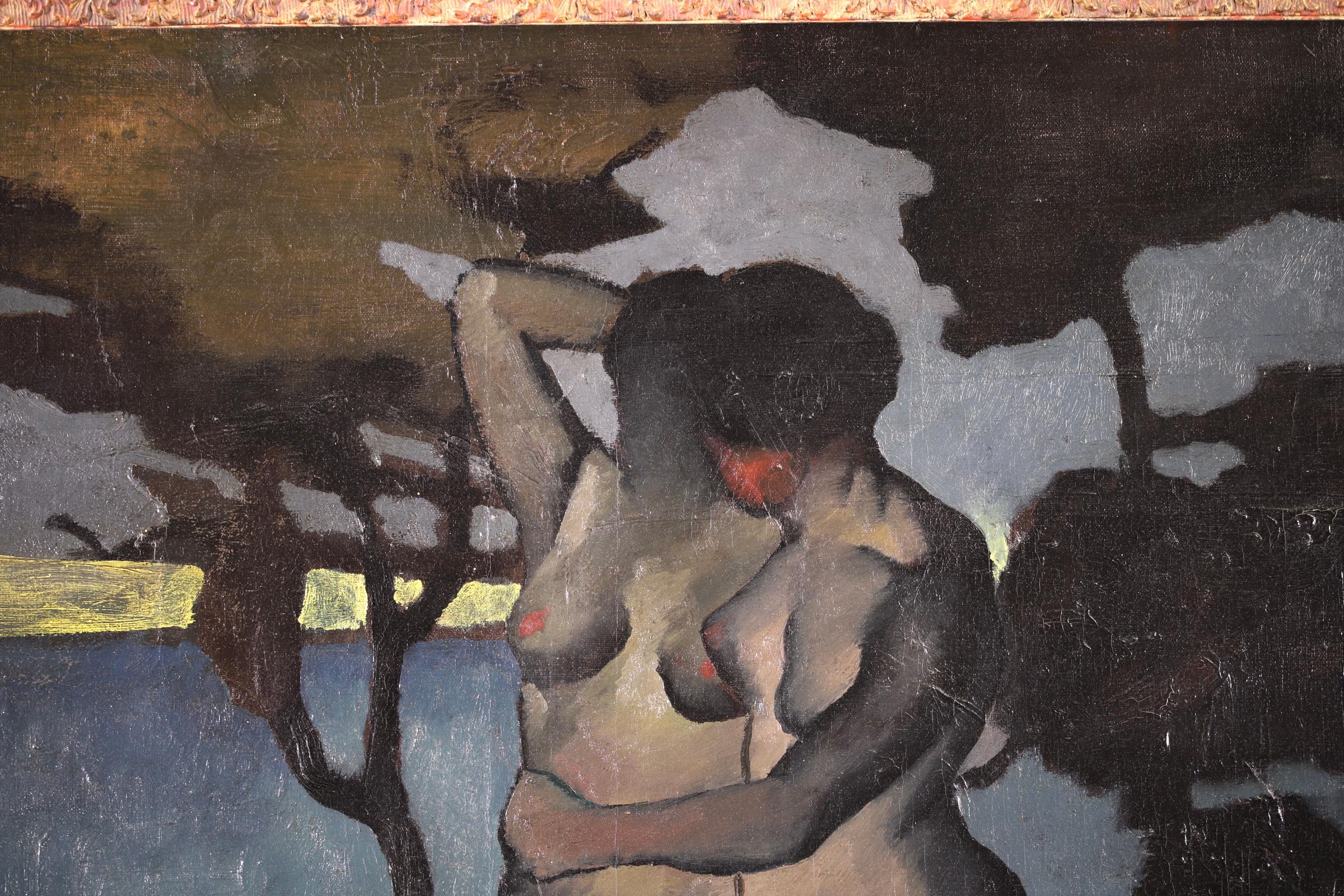 Le Jardin D'Eden - Post Impressionist Oil, Nudes in Landscape by Paul E Gernez - Black Nude Painting by Paul-Élie Gernez
