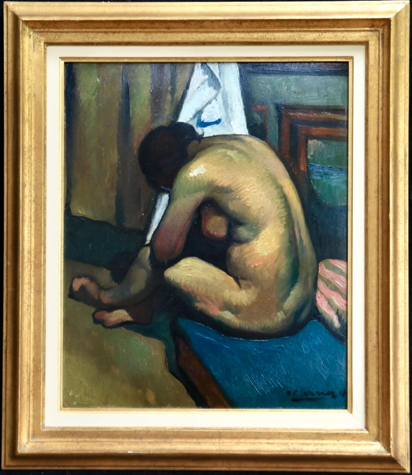 Nu assis de dos - Post-Impressionist Oil, Nude in Interior by Paul Elie Gernez - Painting by Paul-Élie Gernez