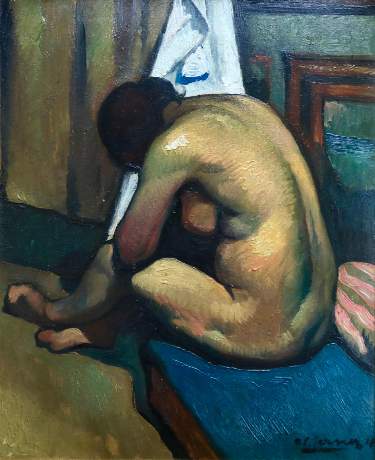 Paul-Élie Gernez Figurative Painting - Nu assis de dos - Post-Impressionist Oil, Nude in Interior by Paul Elie Gernez