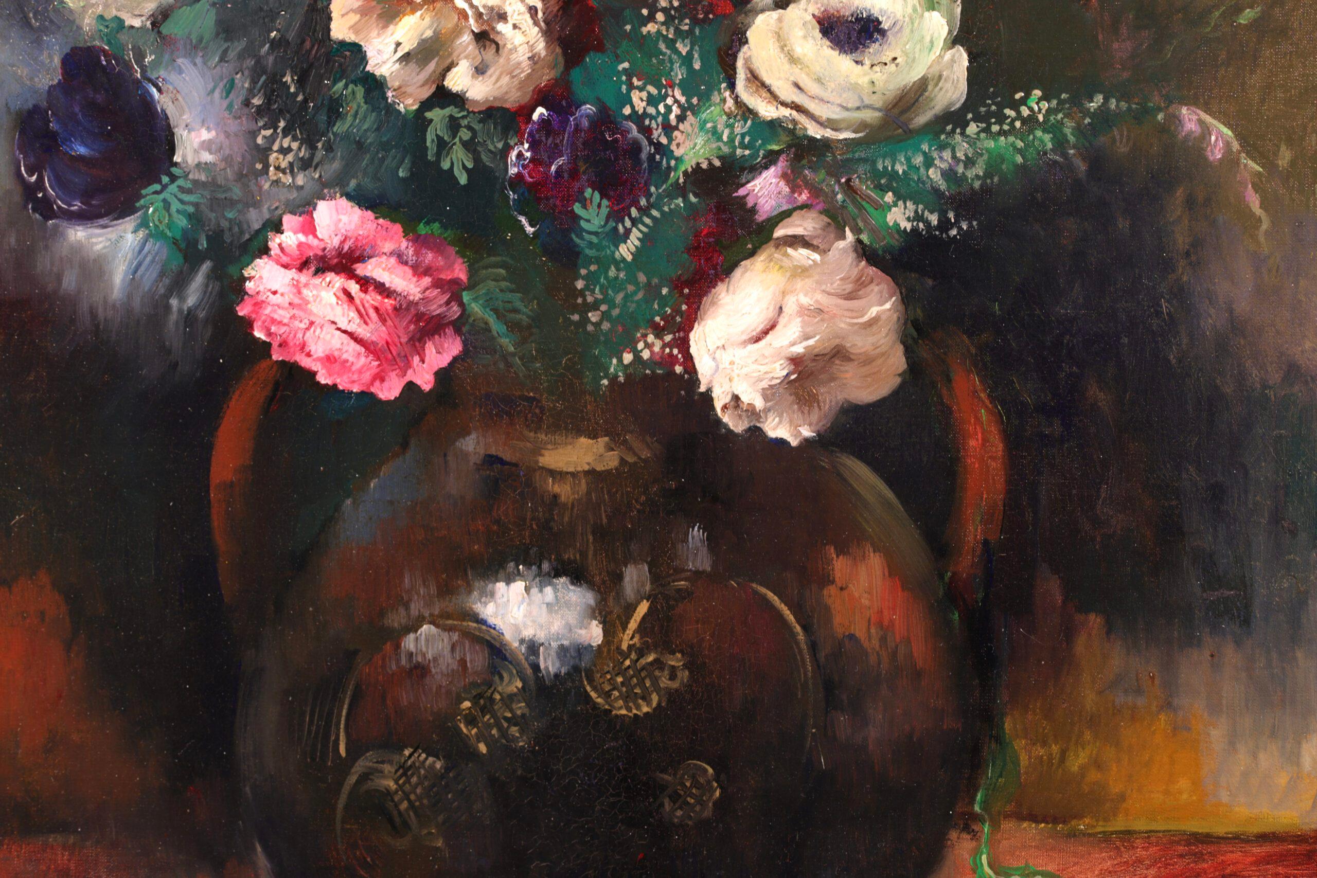 Vase de Fleurs – postimpressionistisches Ölgemälde, Stillleben-Blumen von Paul Gernez (Braun), Interior Painting, von Paul-Élie Gernez