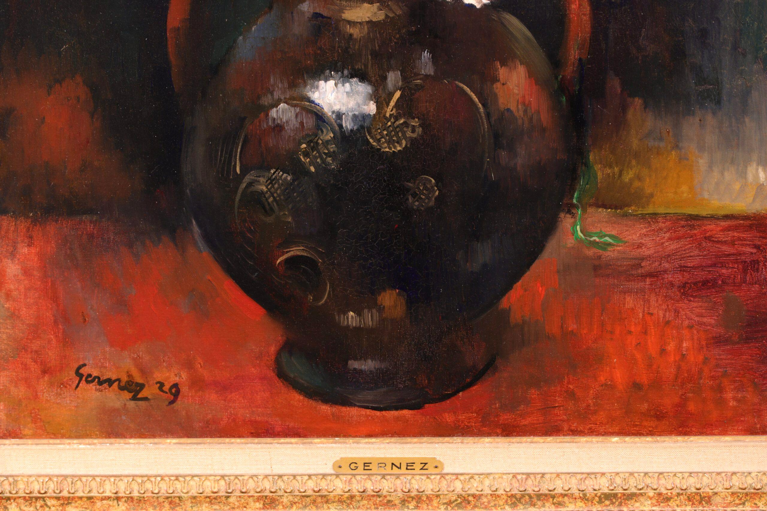 Vase de Fleurs - Post Impressionist Oil, Still Life Flowers by Paul Gernez - Brown Interior Painting by Paul-Élie Gernez