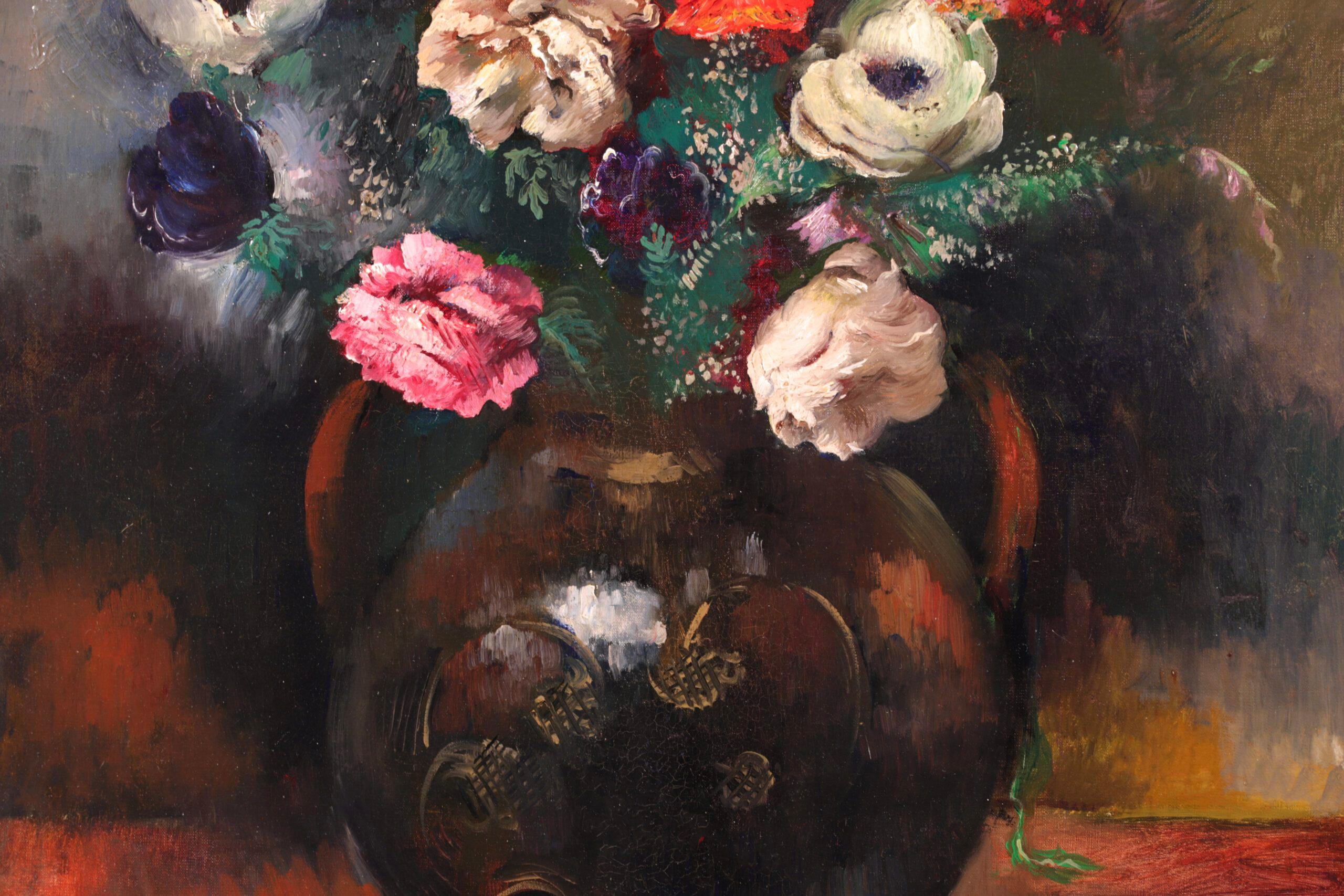 Signed and dated post impressionist still life oil on canvas by French painter Paul Elie Gernez. The piece depicts a brown ceramic vase filled with several varieties of flowers in pinks, reds, purples, yellows and whites. A wonderful work by this