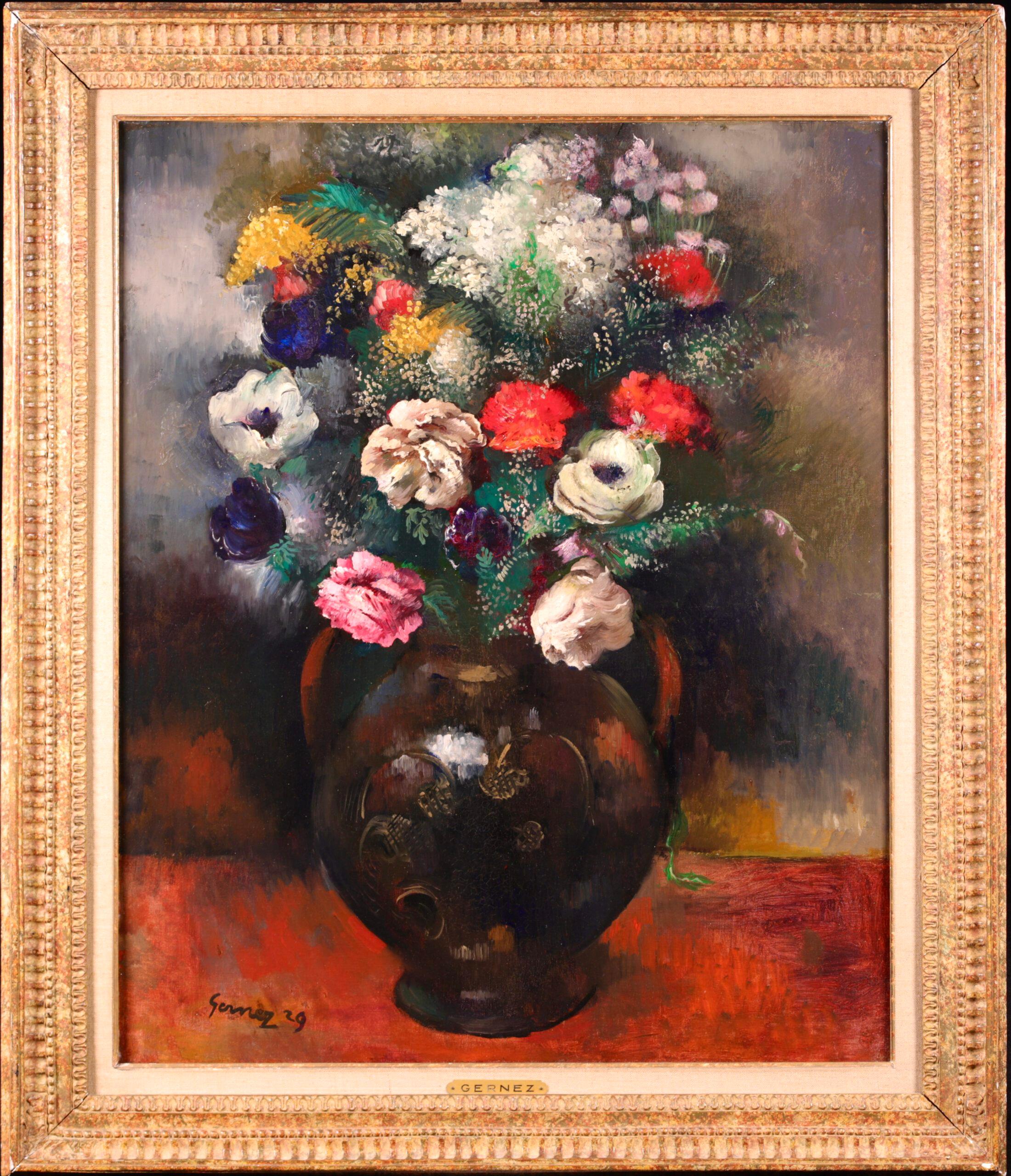 Interior Painting Paul-Élie Gernez - Vase de Fleurs, huile post-impressionniste, natures mortes fleurs de Paul Gernez