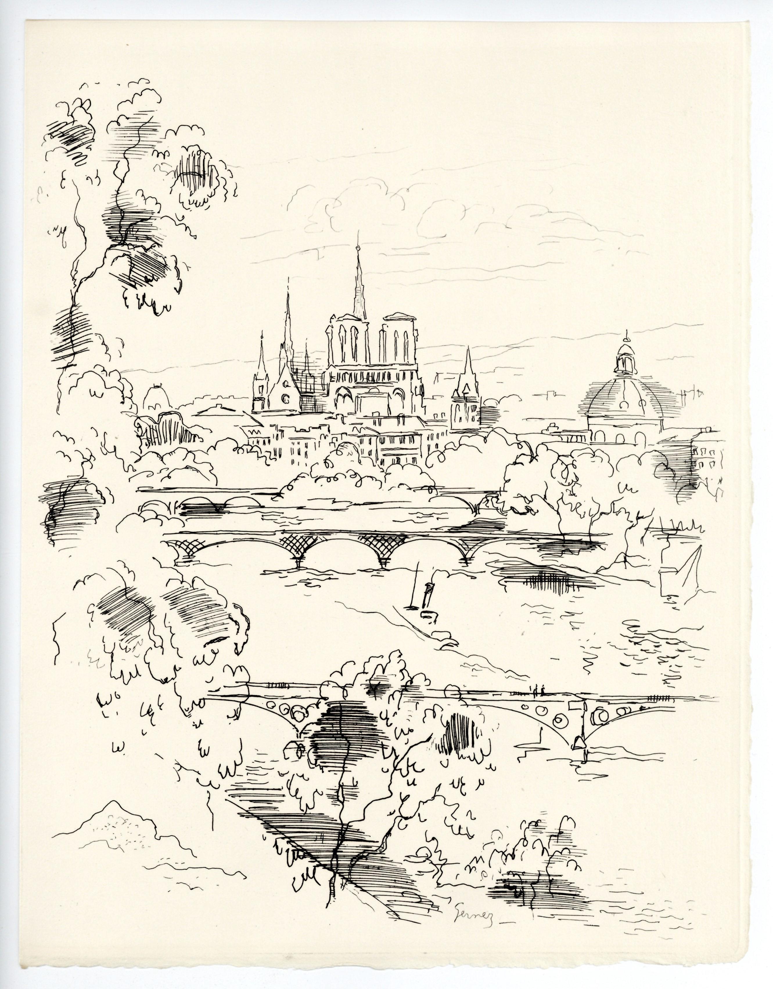 "Seine, berceau de Paris" original etching - Print by Paul-Élie Gernez