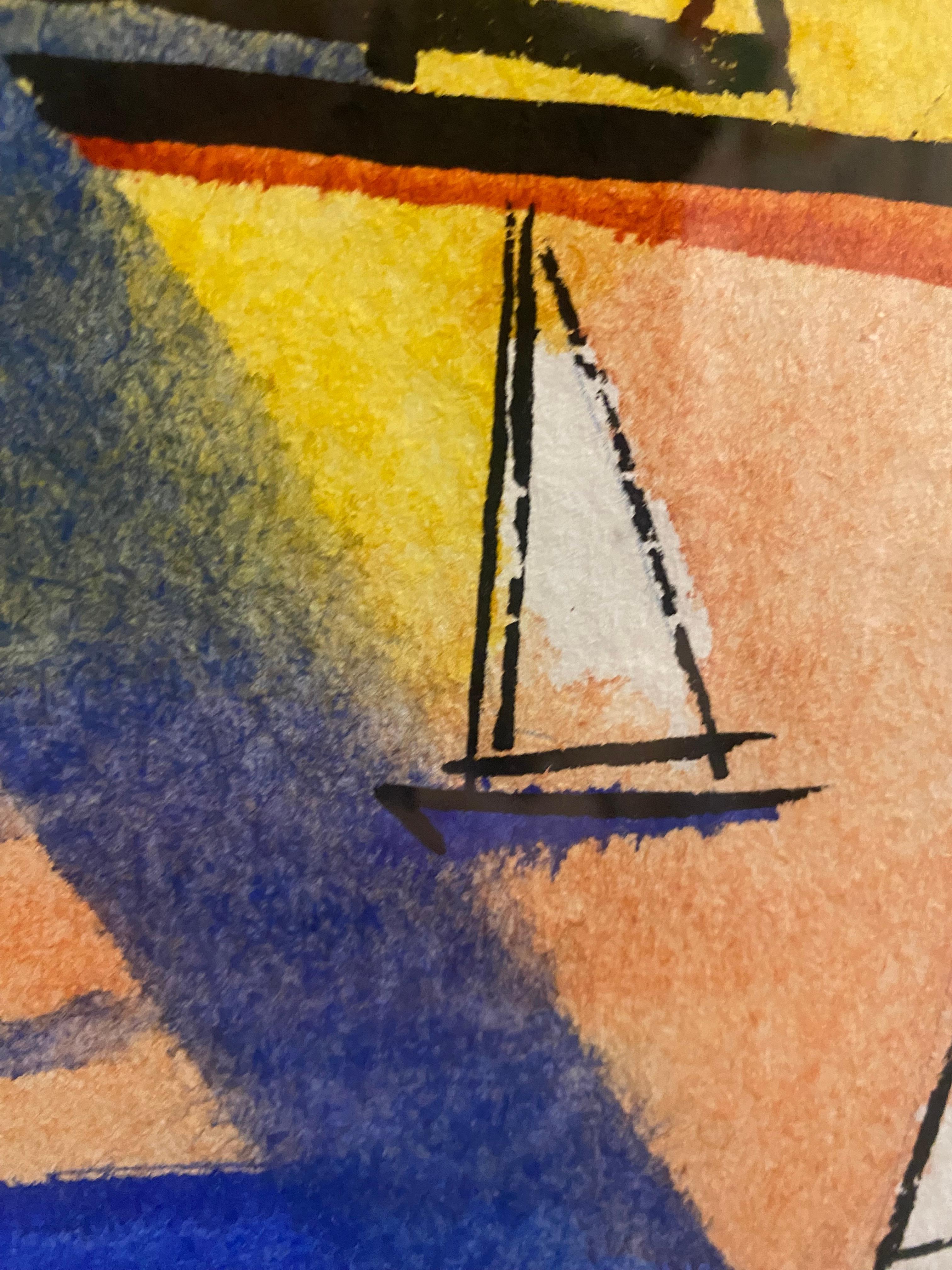 This composition, signed “EMIG,” displays a marine scene seen as if through an overhanging window. A suspension bridge and sleek sailboats dominate the work. The artist combines lat areas of bright colors - deep blue and bright yellow - with sharp,