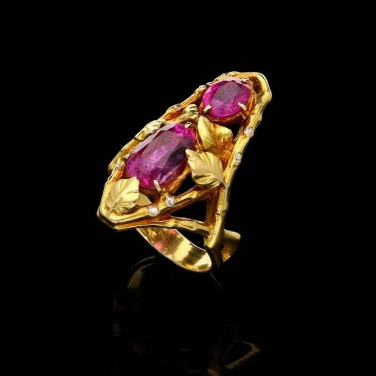 Art Nouveau Pink Sapphire Ring and Gold foliate design ring by Paul