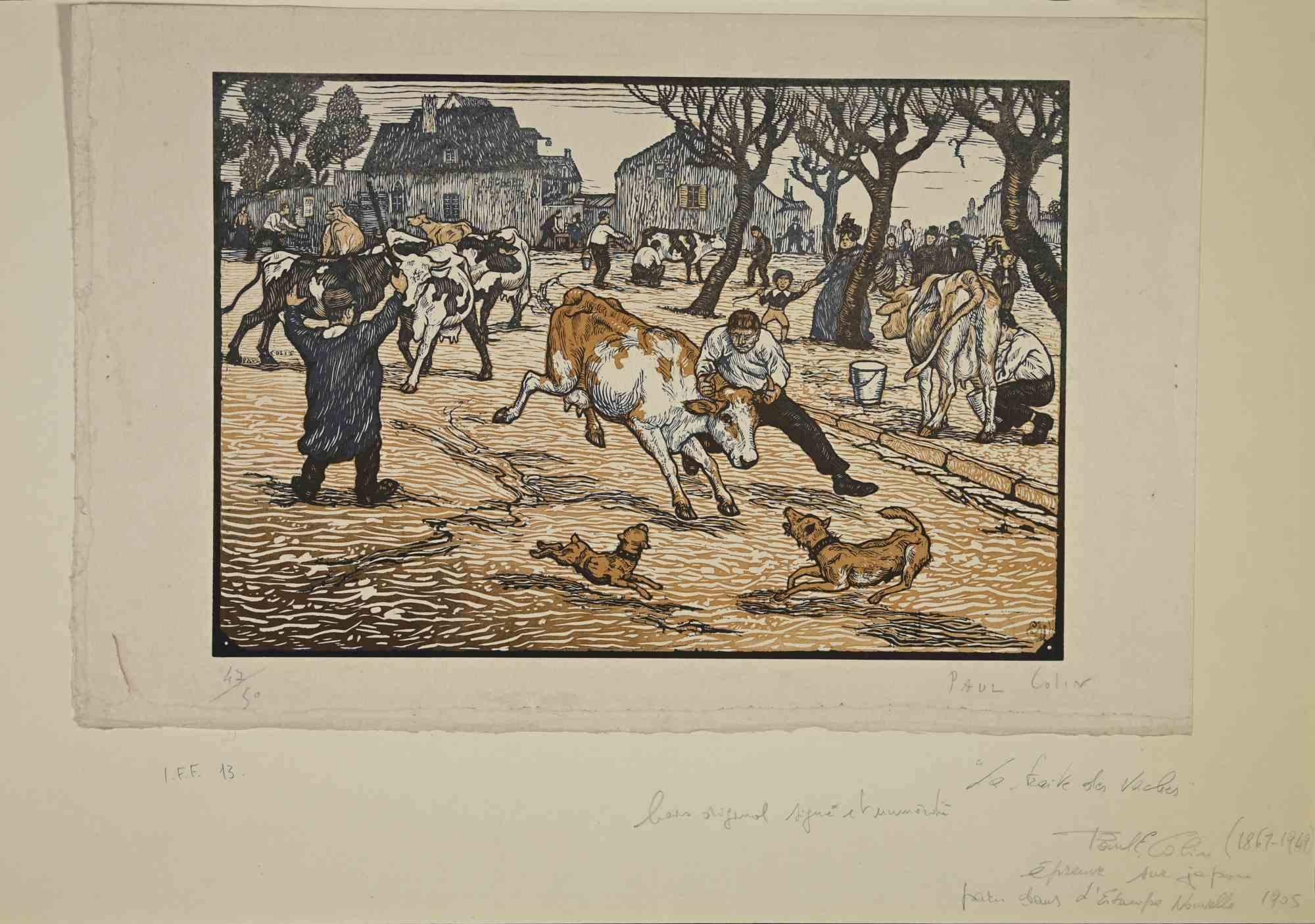 La Traite des Vaches is an artwok realized in 1905, by the French Artist Paul Emile Colin .

Colored woodcut on paper. Hand Signed on the right corner. Limited edition of 50, ex. n. 47 

The artwork is attached on passepartout: 33.5x50 cm.