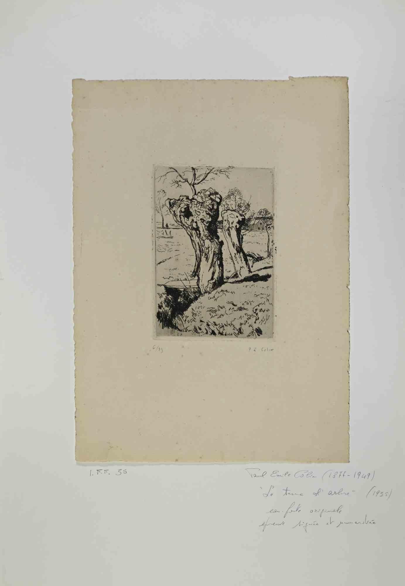 Le Tronc de l'arbre is an artwok realized in 1935, by the French Artist Paul Emile Colin .

Black and white etching on paper. Hand Signed on the right corner. Limited edition of 35, ex. n. 6 

The artwork is attached on passepartout: 49x34 cm.

Good