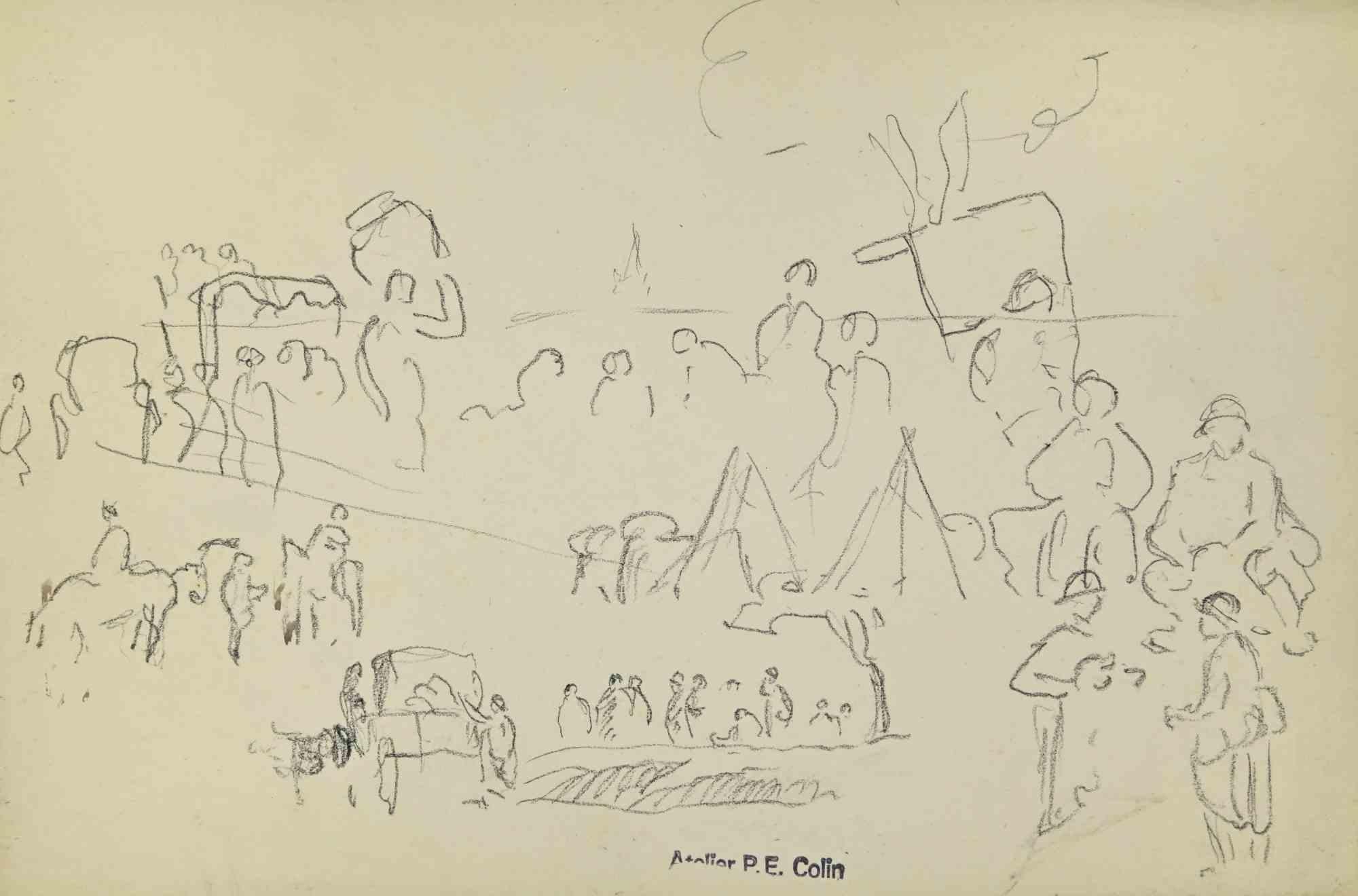 Soldiers Campsite is a drawing realized by Paul Emile Colin in the mid 20th Century.

Carbon Pencil on ivory-colored paper

Stamped on the lower.

Good conditions with slight foxing.

The artwork is realized through deft expressive strokes.