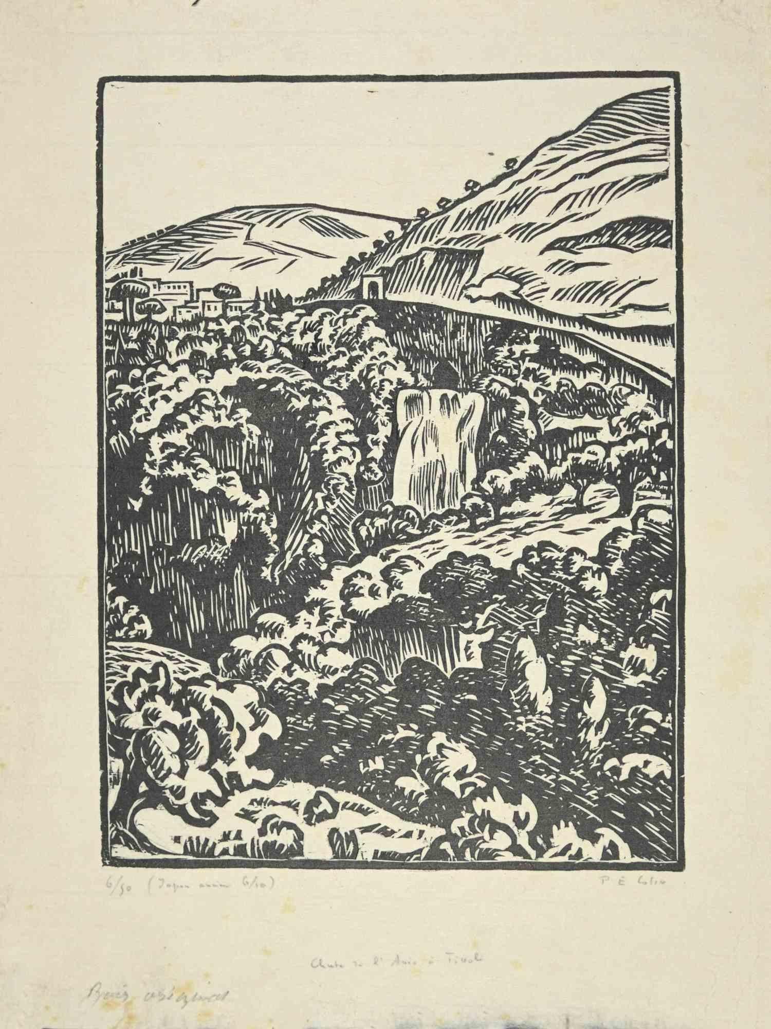 The Waterfall in Tivoli - Woodcut by Paul Emile Colin - 1930 ca.