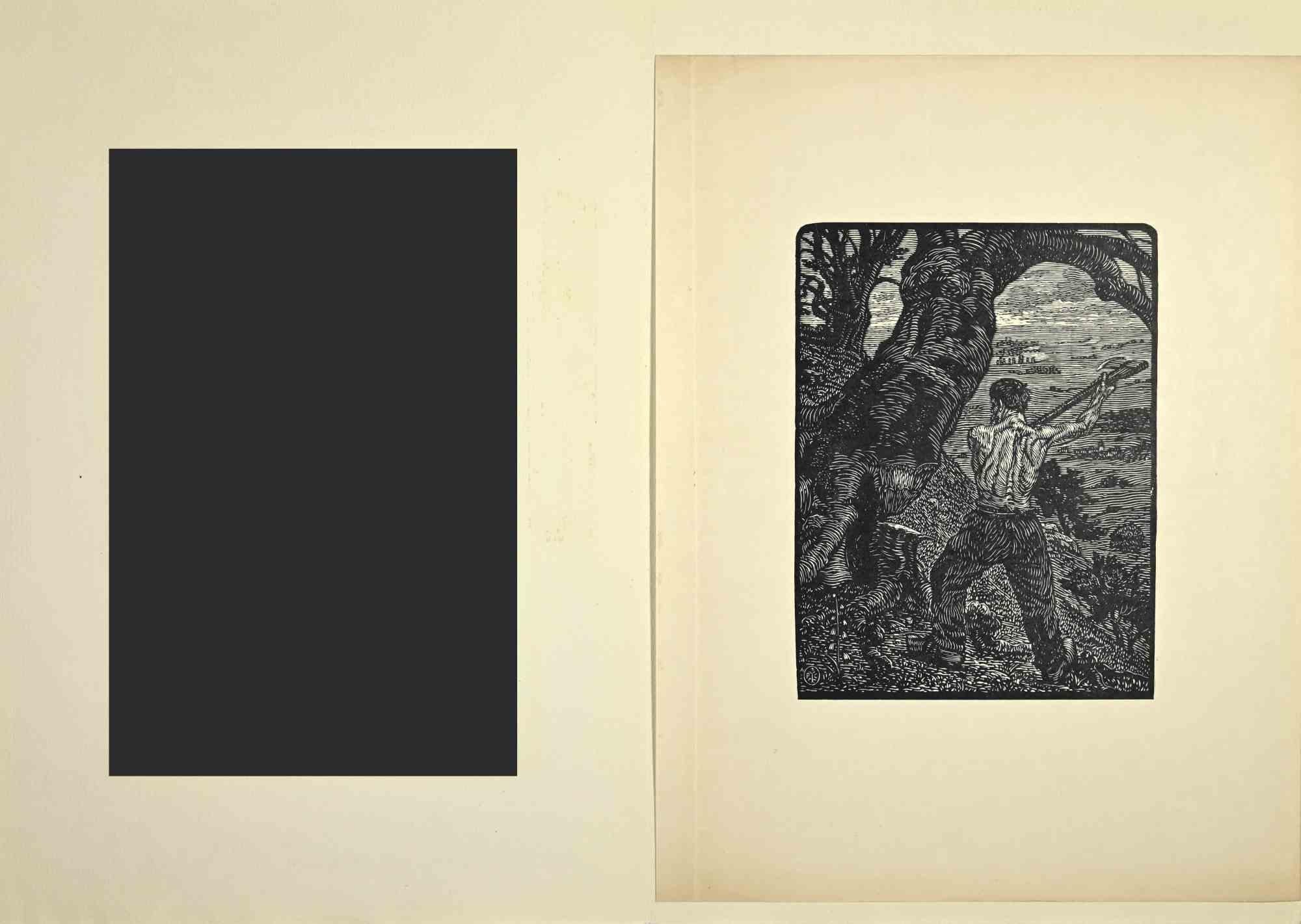 The Woodcutter - Gravure sur bois de Paul Emile Colin - Début du 20e siècle en vente 1