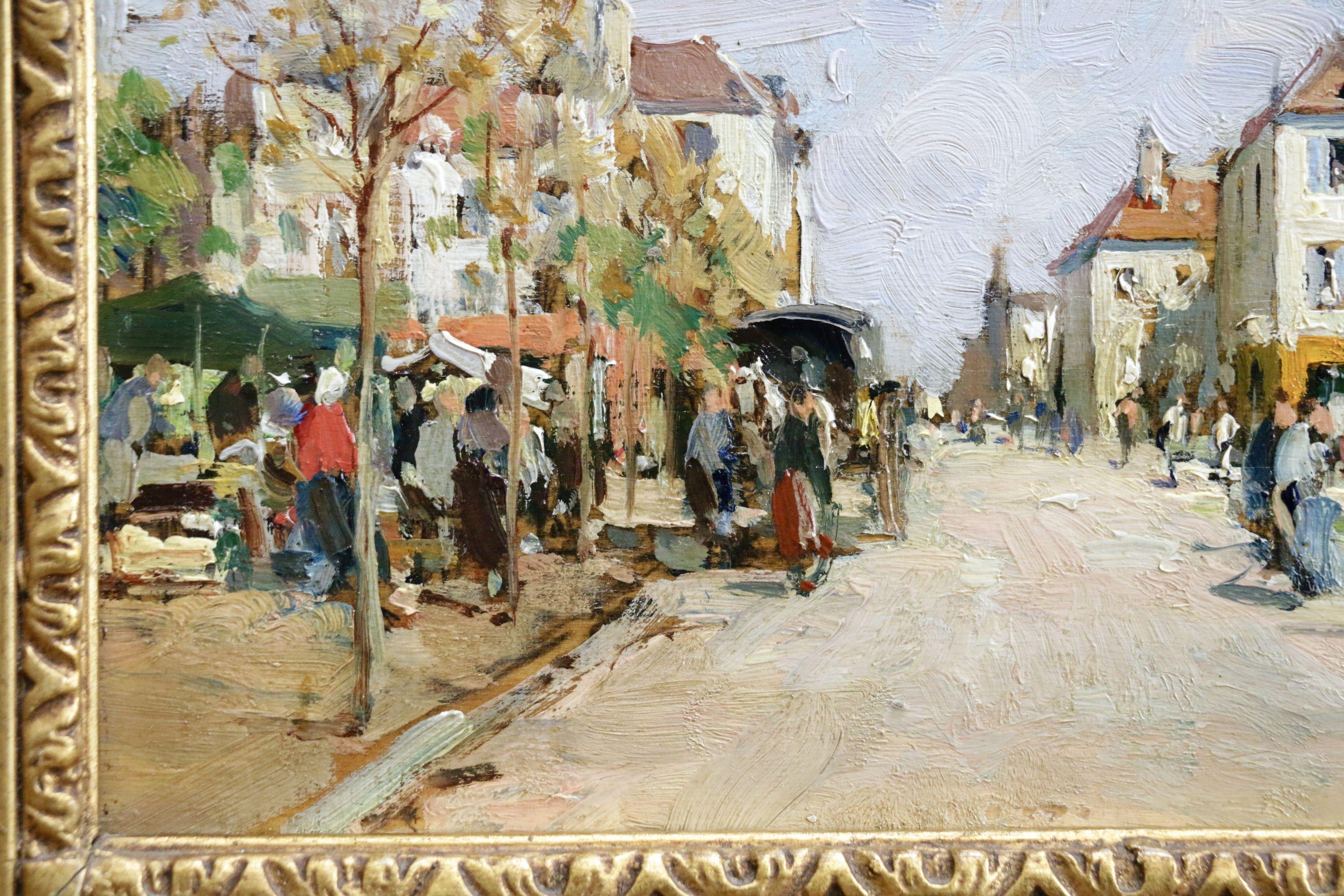 Market Day - 19th Century Oil, Figures in Street Scene Landscape by Paul Lecomte - Impressionist Painting by Paul Emile Lecomte