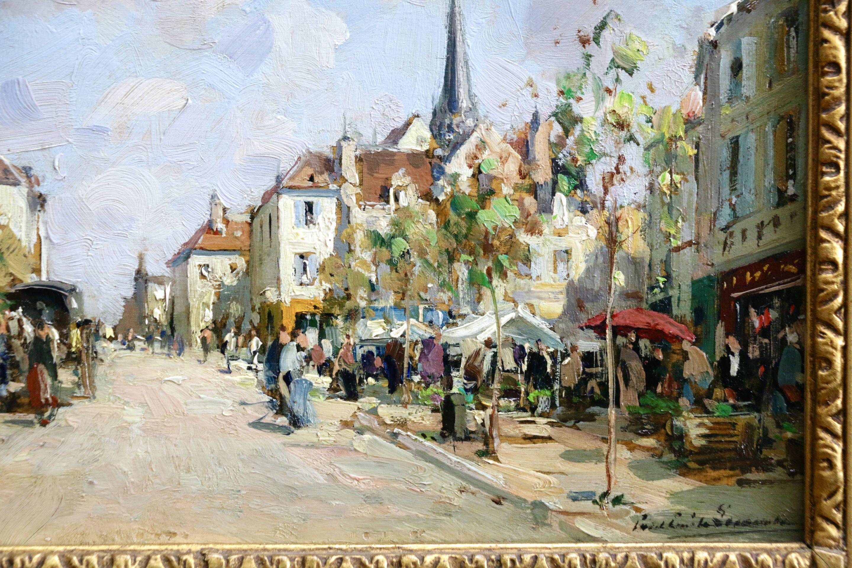 Market Day - 19th Century Oil, Figures in Street Scene Landscape by Paul Lecomte - Brown Figurative Painting by Paul Emile Lecomte