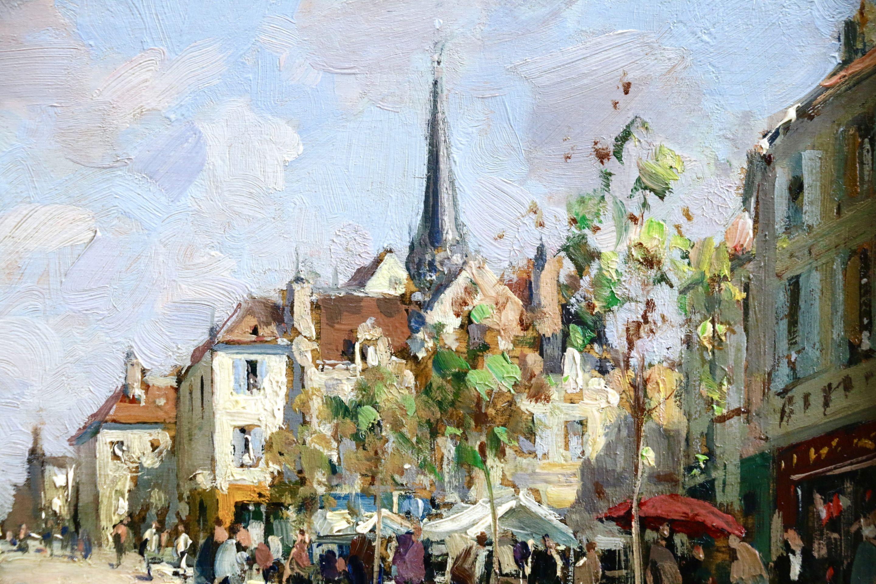 A wonderfully painted piece by French artist Paul Emile Lecomte depicting people visiting a market - on of his favourite subjects - on a sunny day. Oil on panel circa 1920. Signed lower right. Framed dimensions are 13 inches high by 15 inches