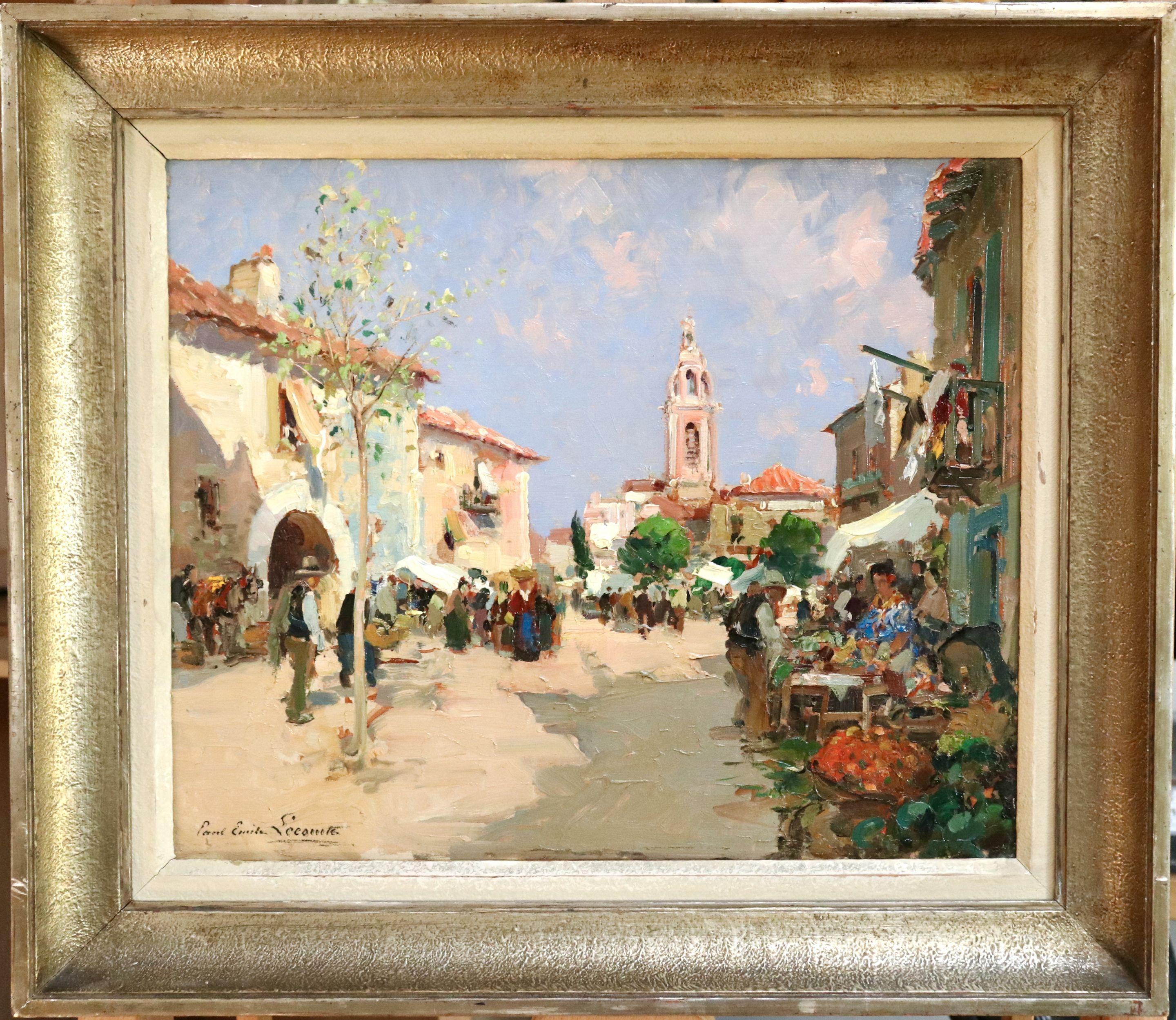 A beautiful oil on canvas circa 1920 by Paul Emile Lecomte depicting a bustling market. Signed lower left. Framed dimensions are 21 inches high by 24 inches wide.

Paul Émile Lecomte was the son and pupil of Paul Lecomte. He also studied with Cormon