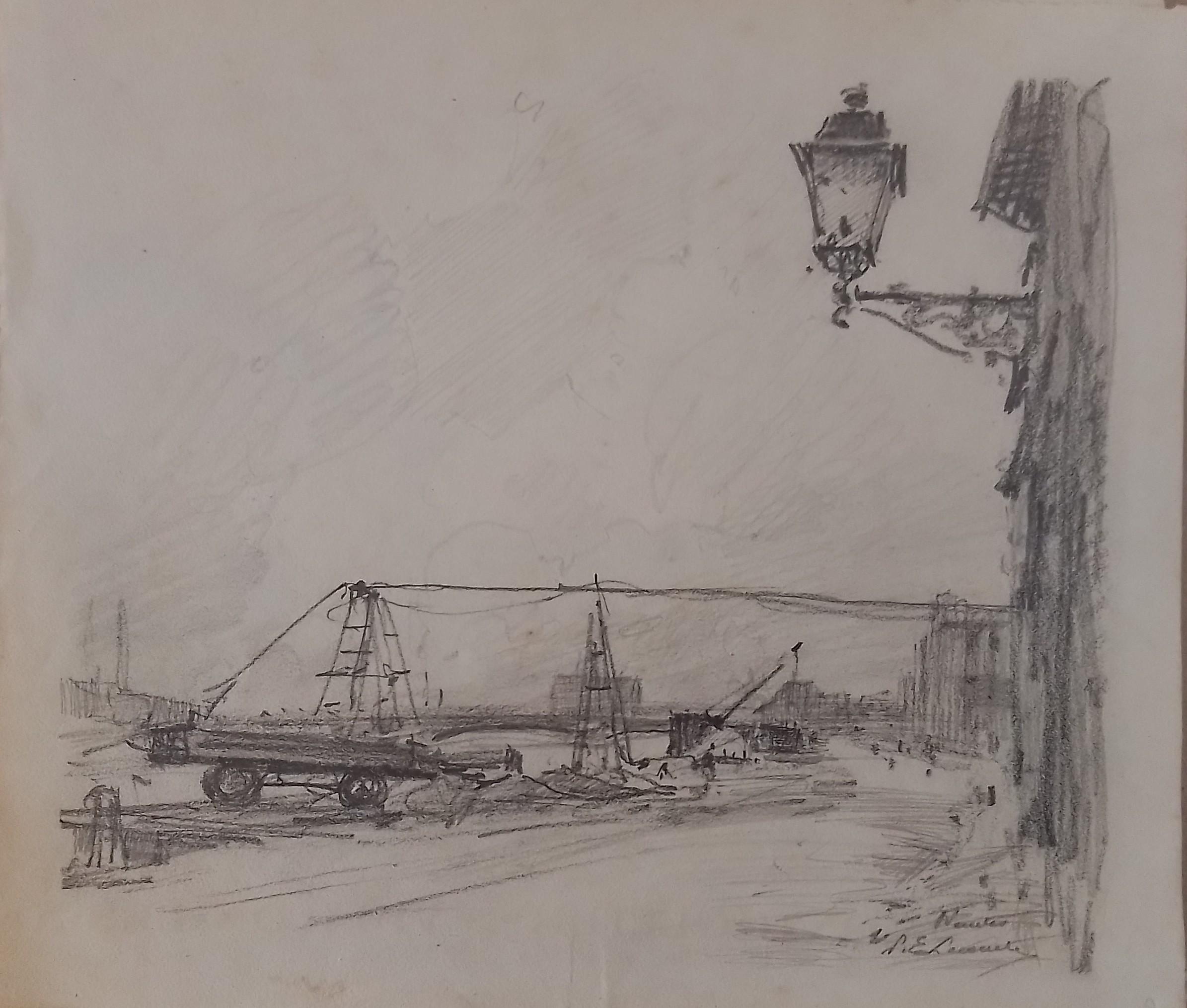 Paul emile Lecomte - study of the quais by the river - pencil - signed.