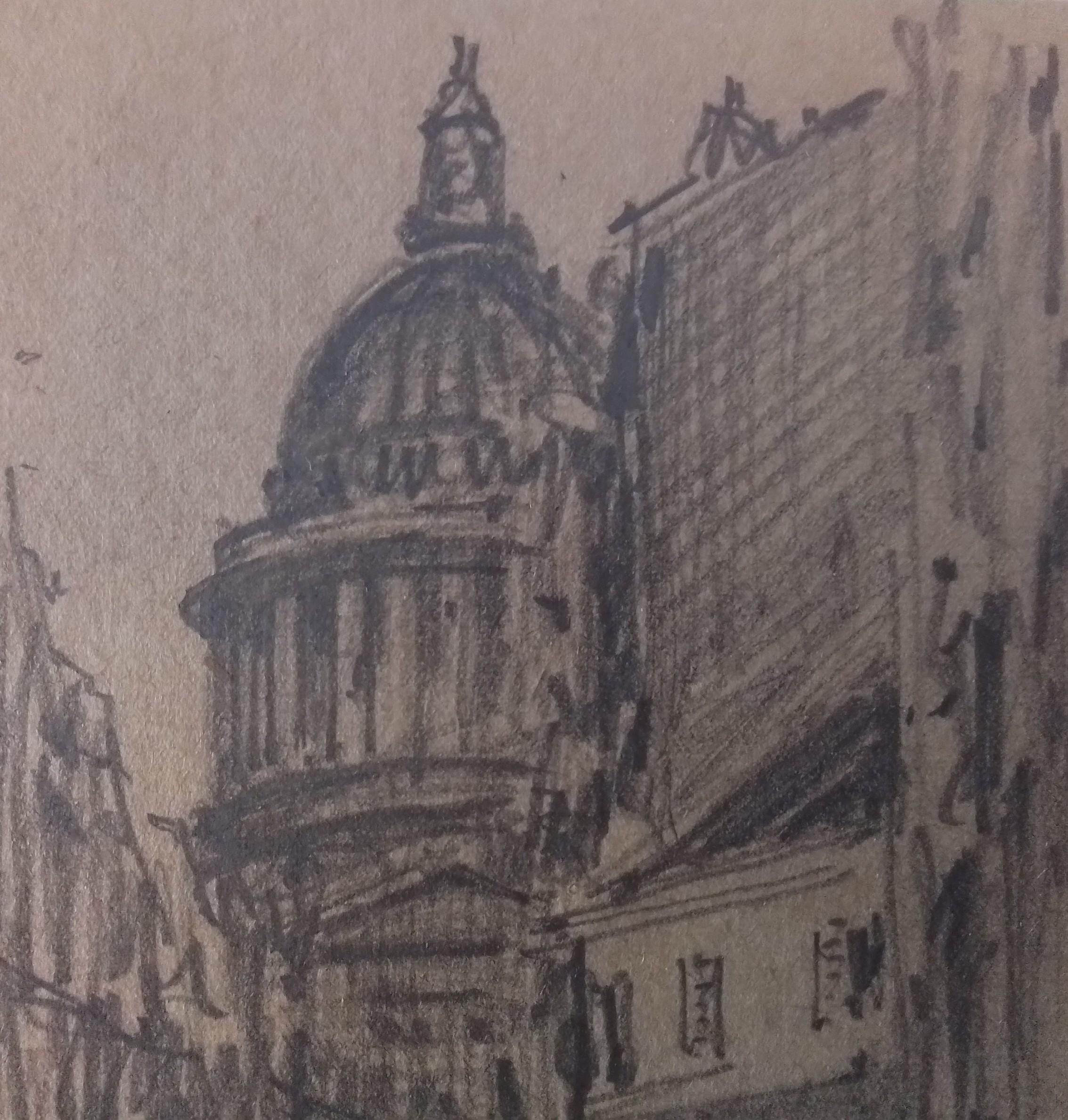 Paul Emile Lecomte. Parigi - vista animata del Pantheon - matita su cartone. in vendita 1