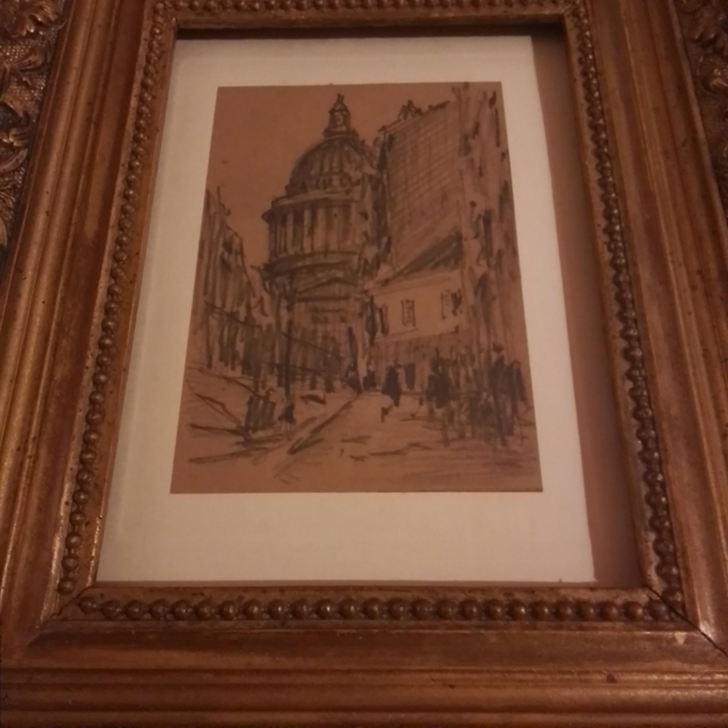Paul Emile Lecomte. Parigi - vista animata del Pantheon - matita su cartone. in vendita 6