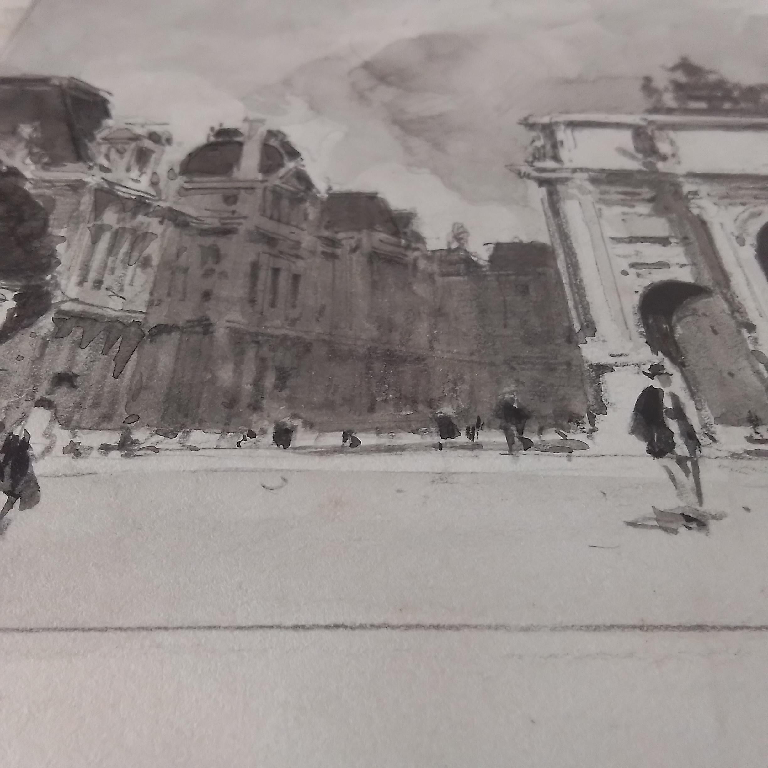 Paul Emile Lecomte. París -El Carrusel y el Louvre lápiz sobre papel, firmado en venta 3