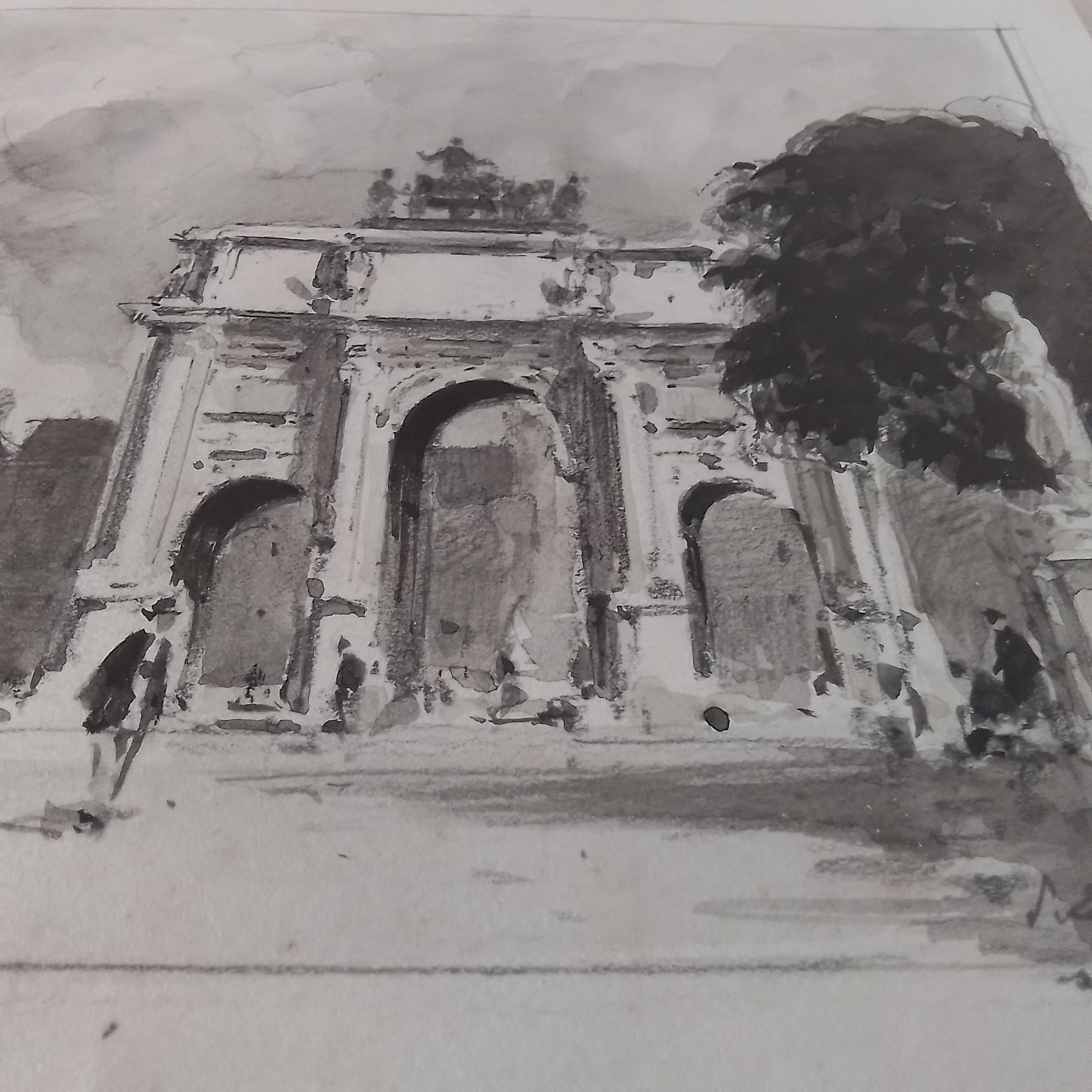 Paul Emile Lecomte. París -El Carrusel y el Louvre lápiz sobre papel, firmado en venta 1