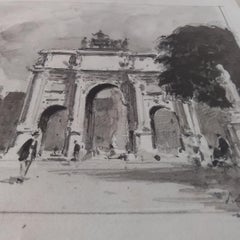 Paul emile Lecomte Paris -The Carrousel and the Louvre crayon sur papier, signé