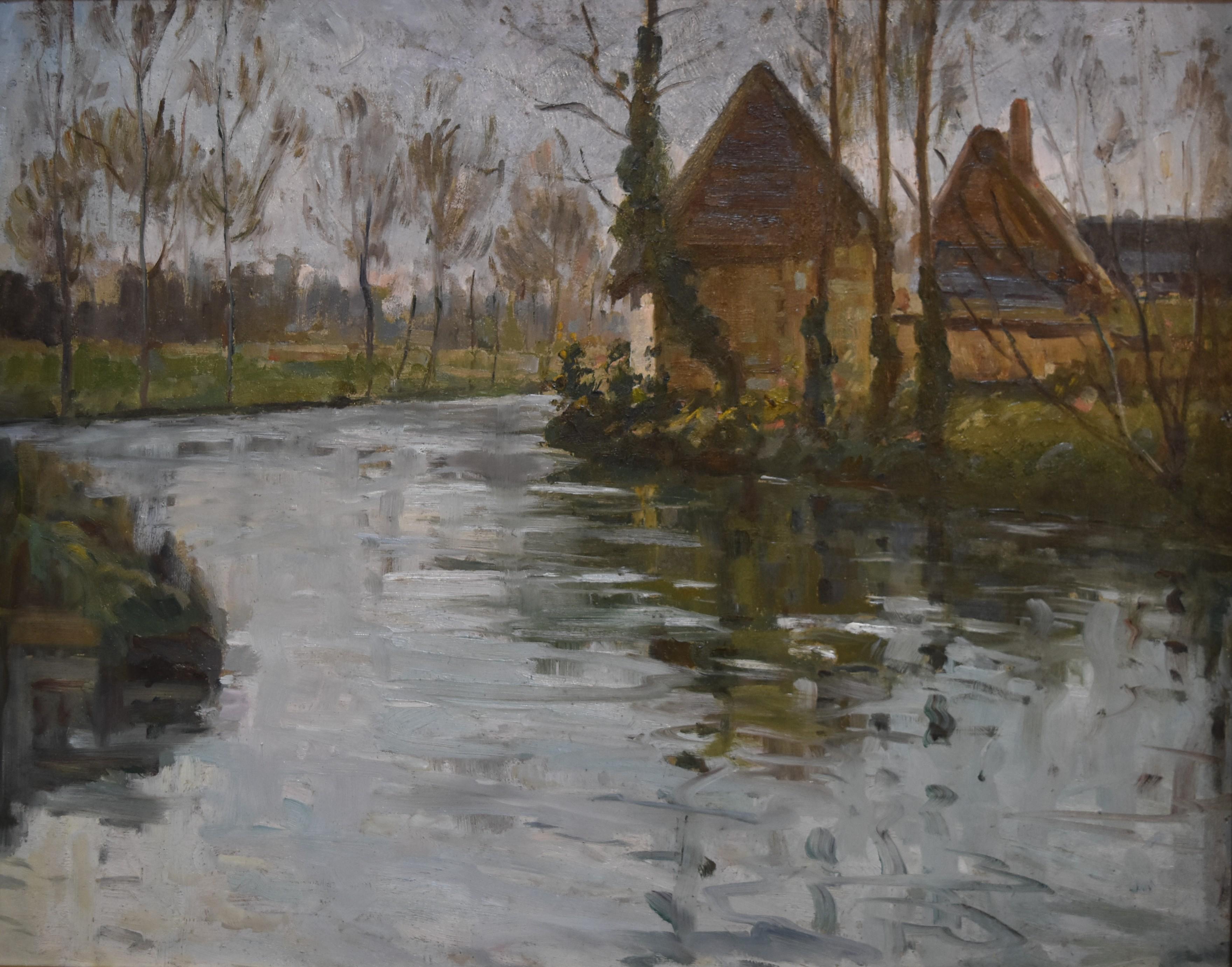 Paul Emile Lecomte (1877-1950)
A river landscape
Oil on board
48 x 60 cm 
Framed 62 x 75 cm
Annotations of the artist on the back
Not signed

Paul-Emile Lecomte painted several times this precise view of this river and the houses beyond on diverse