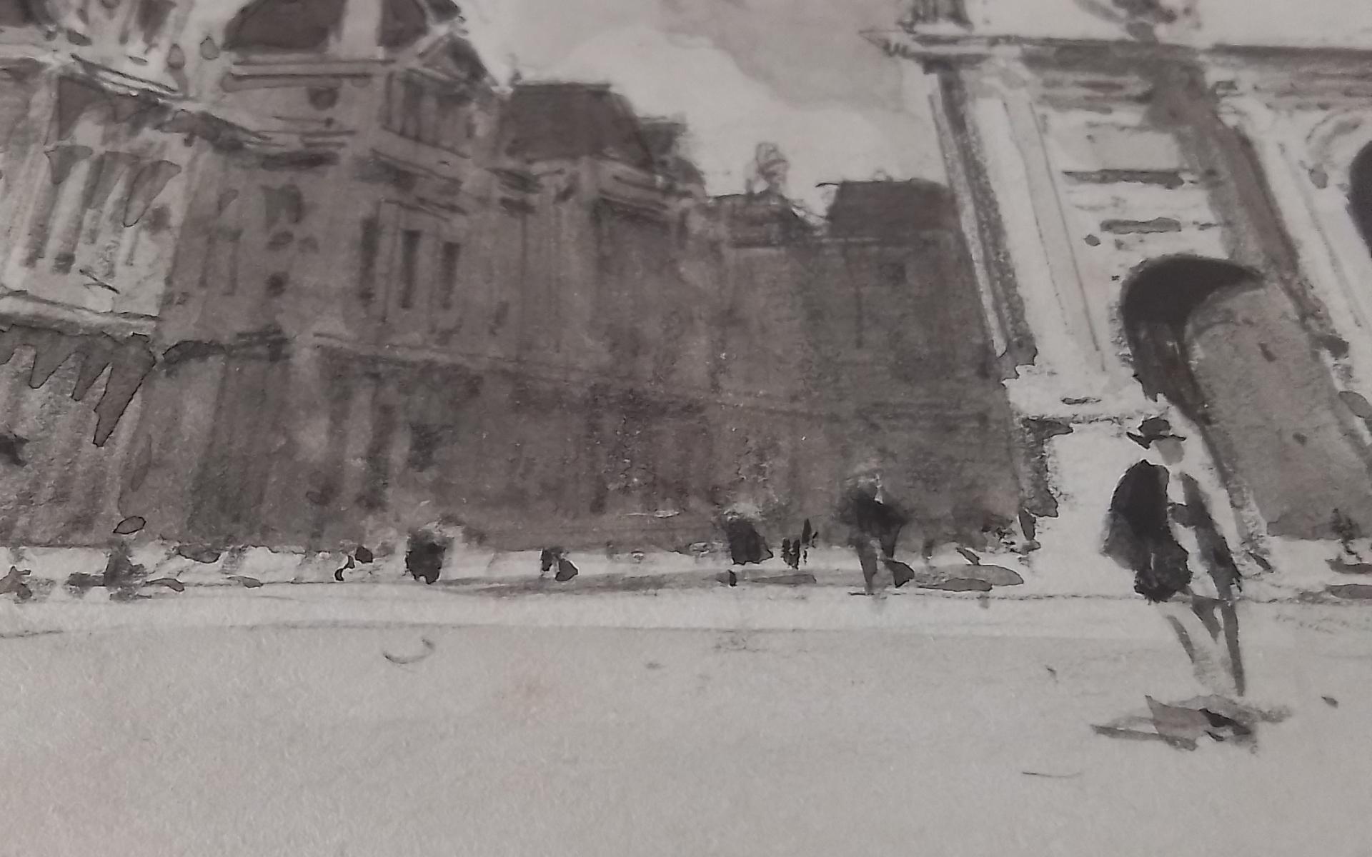 Paul emile Lecomte Paris -The Carrousel and the Louvre crayon sur papier, signé en vente 2
