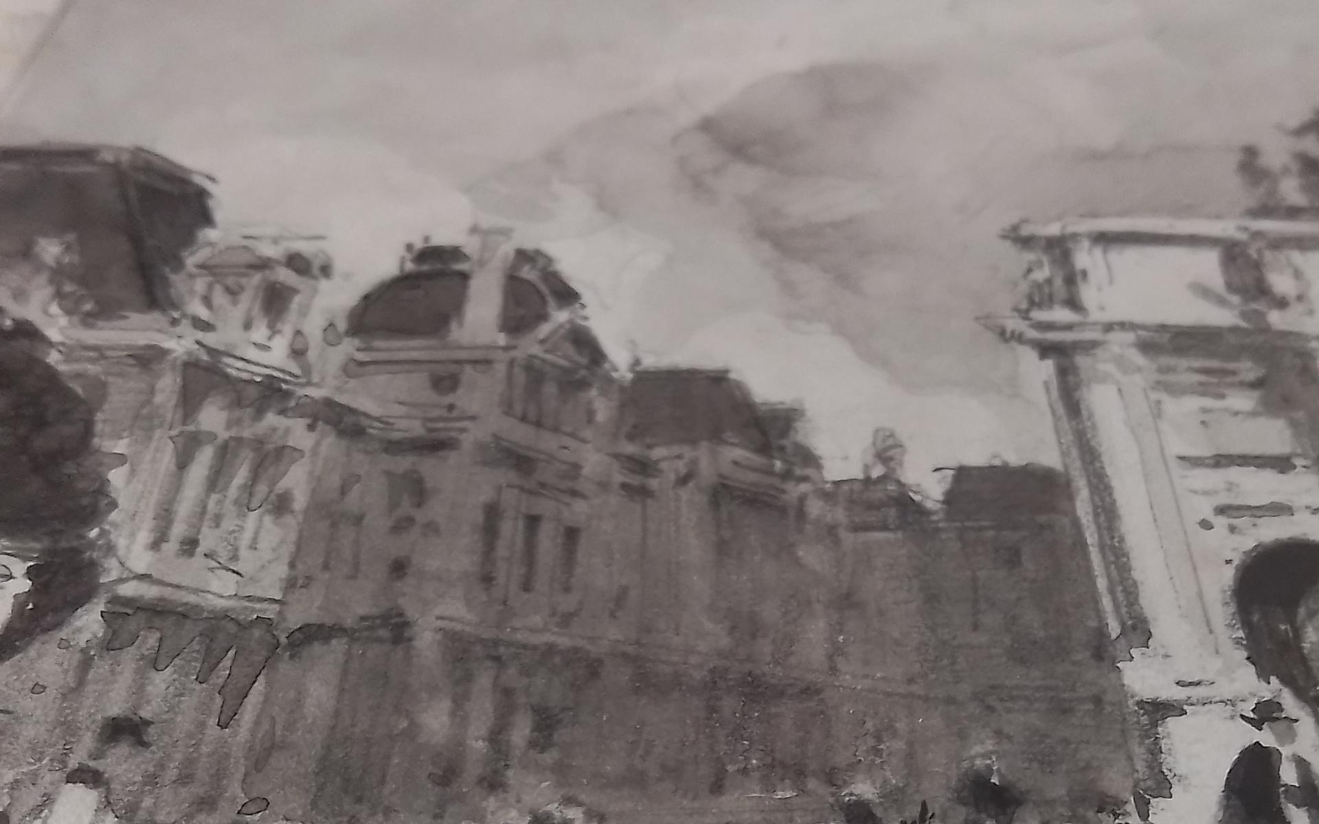 Paul emile Lecomte Paris -The Carrousel and the Louvre crayon sur papier, signé en vente 3