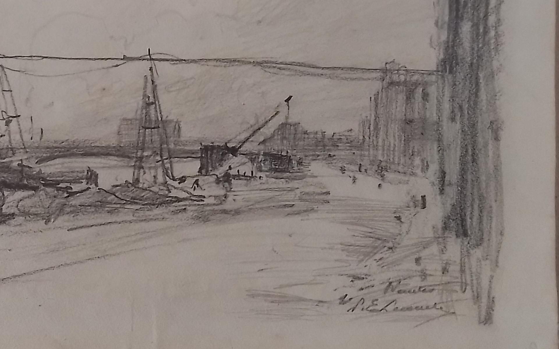 Paul emile Lecomte - étude du quais par la rivière - crayon - signé. en vente 1