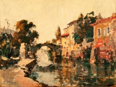 Village Of Ariège, On The Edge Of The River, oil on carton, signed lower left