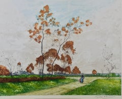 Gravure signée d'une scène pastorale en Picardy, France par Paul Emile Lecomte