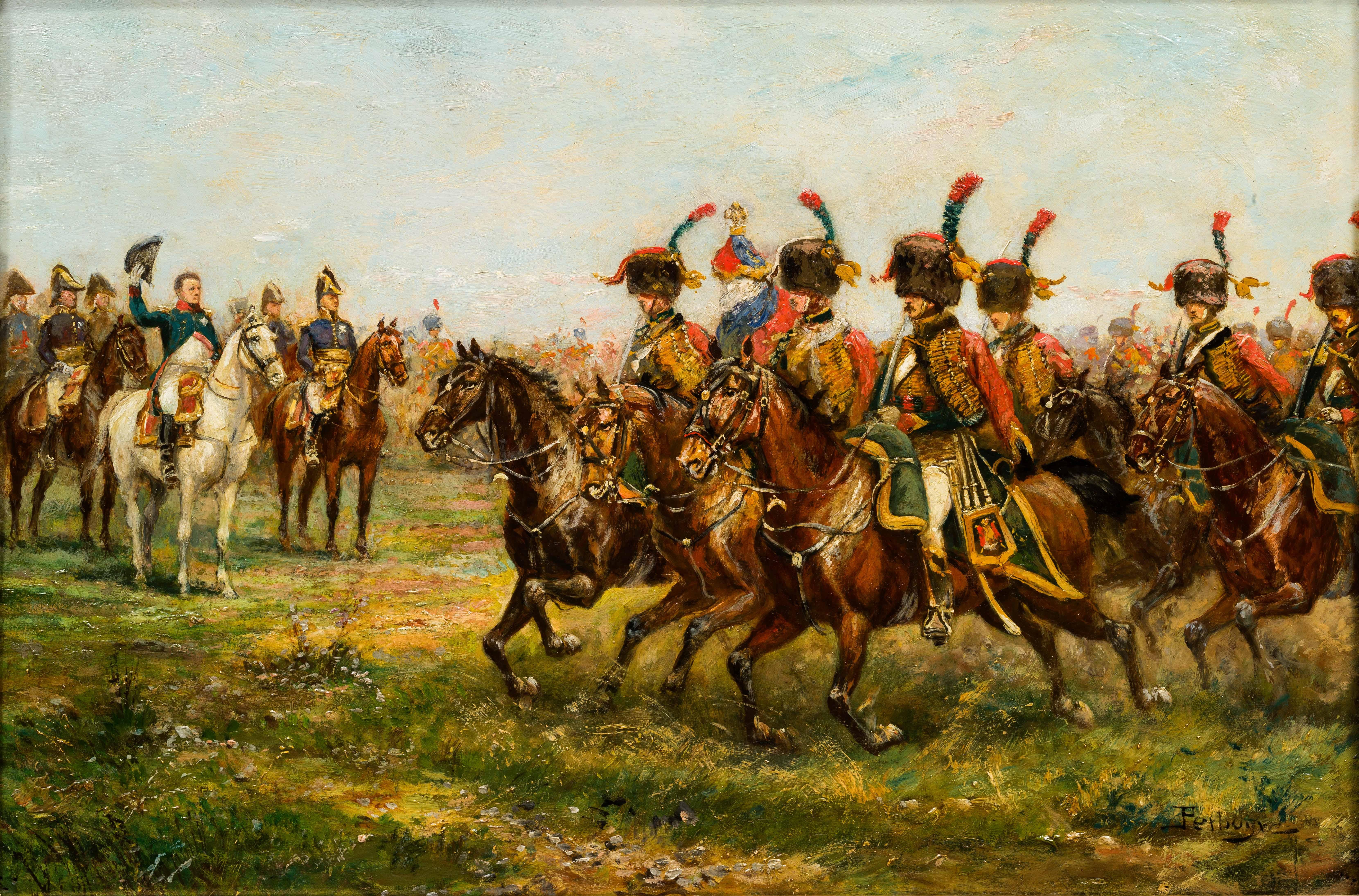 Les Chasseurs de la Garde Impériale saluent l'Empereur Napoléon 1er et son Etat - Painting de Paul Emile Léon Perboyre