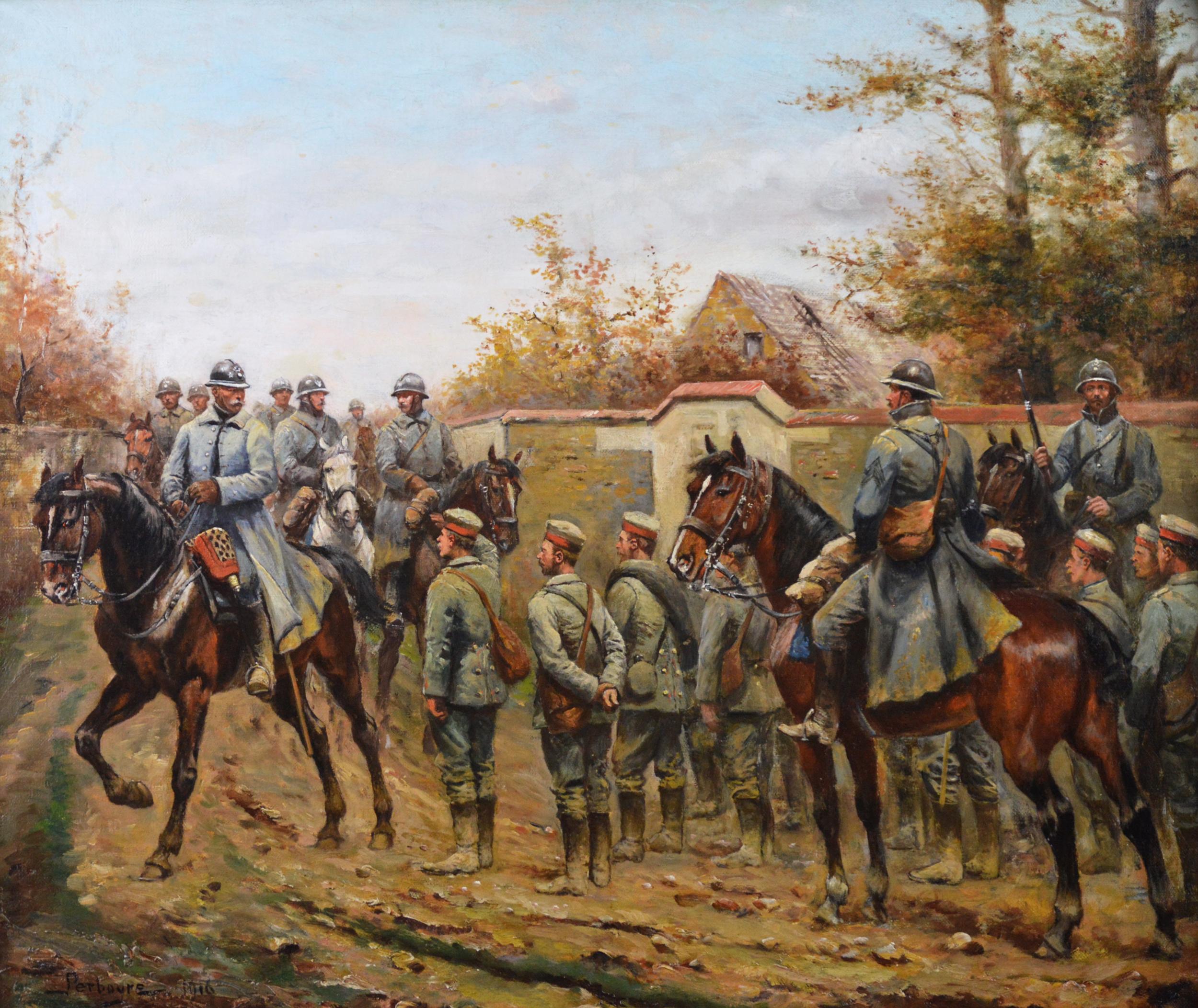 Military WW1 oil painting of French Cavalry & German Infantry Soldiers - Painting by Paul Emile Léon Perboyre
