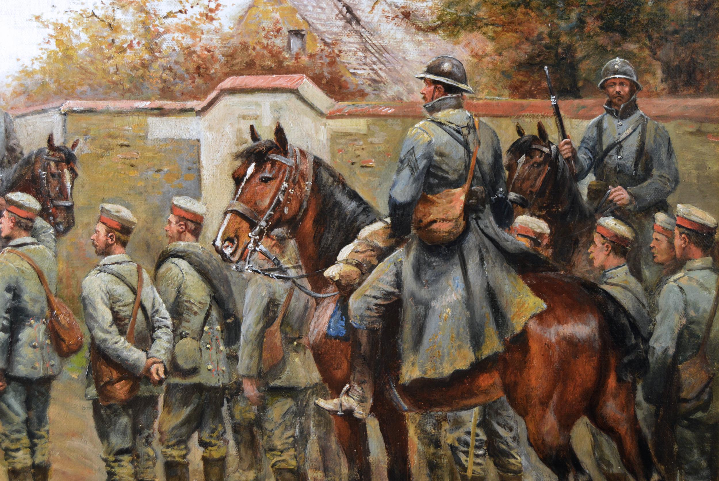 Peinture à l'huile militaire de la Première Guerre mondiale représentant des soldats français et allemands  - Marron Figurative Painting par Paul Emile Léon Perboyre