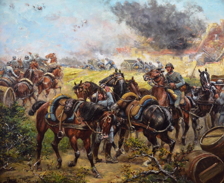 Military WW1 oil painting of French soldiers & cavalry - Painting by Paul Emile Léon Perboyre