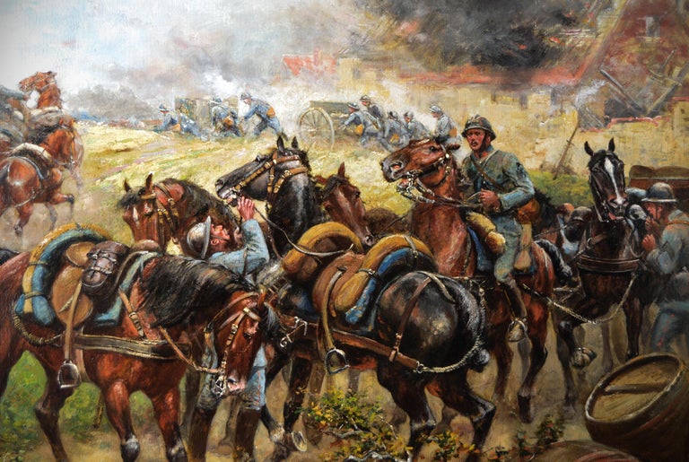 Military WW1 oil painting of French soldiers & cavalry - Victorian Painting by Paul Emile Léon Perboyre